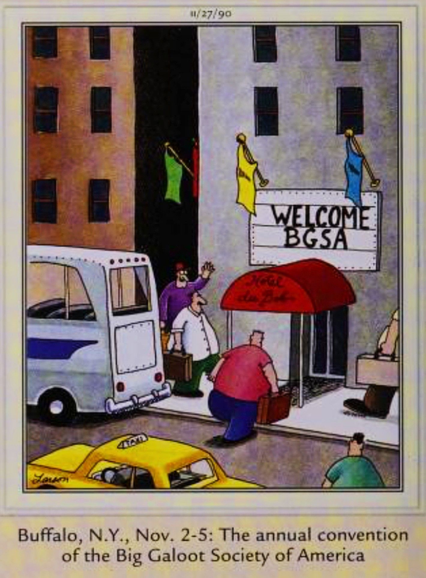 Far Side, November 27, 1990, the &lsquo;annual meeting of the big galoot society&rsquo;