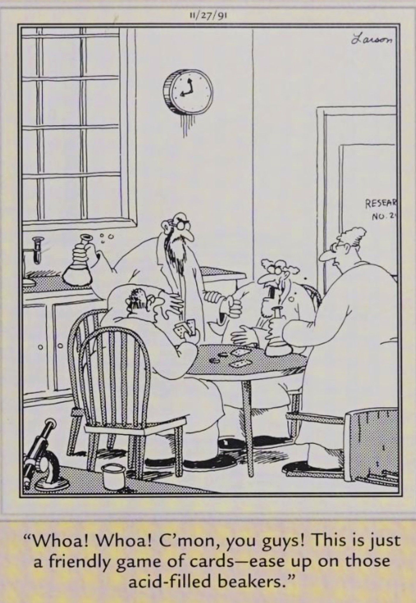 Far Side, November 27, 1991, scientists threaten one another with beakers of acid turning a tense card game