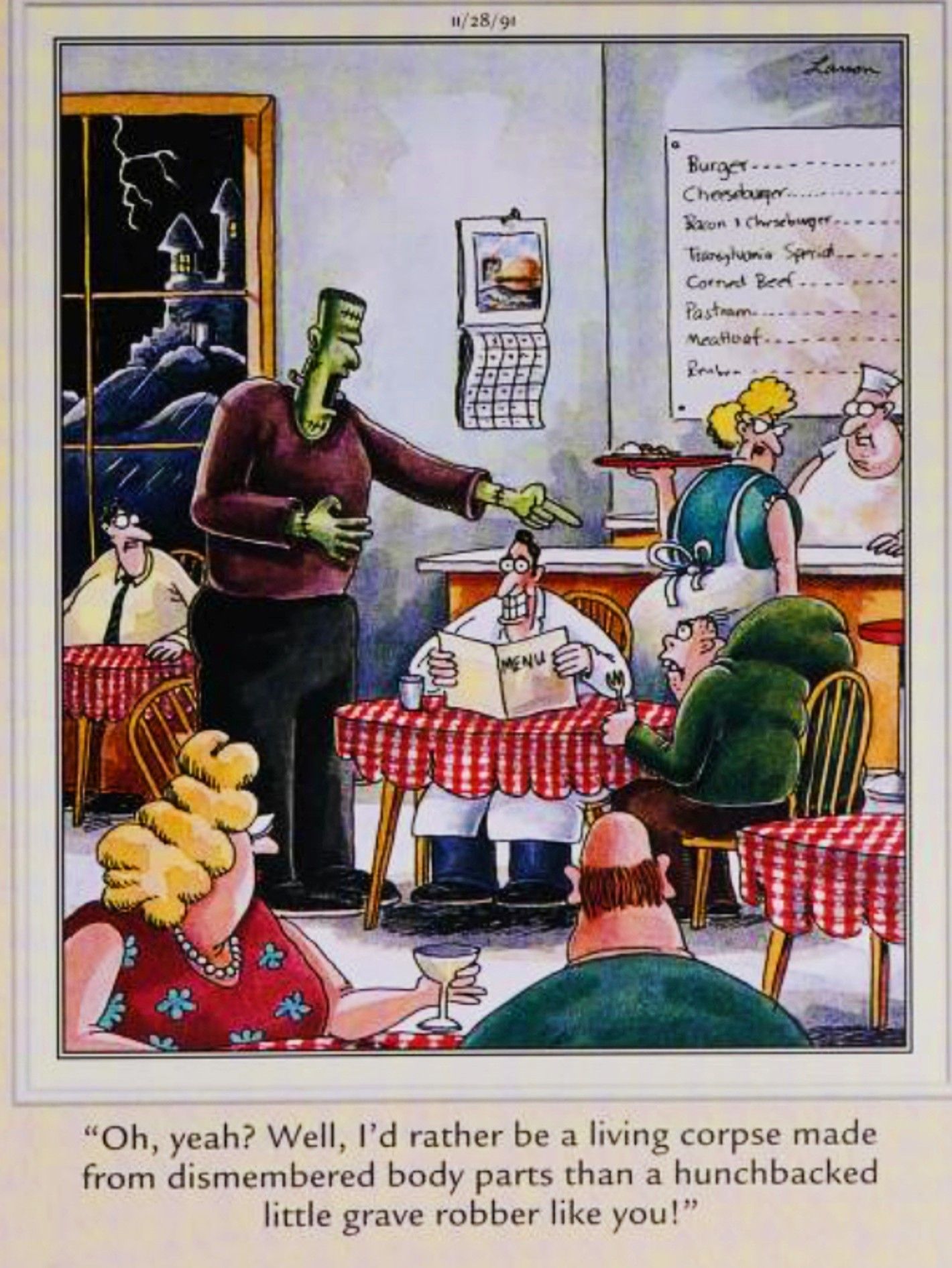 Far Side, November 28, 1991, Frankenstein&rsquo;s monster makes a scene and calls out Igor in a crowded cafe