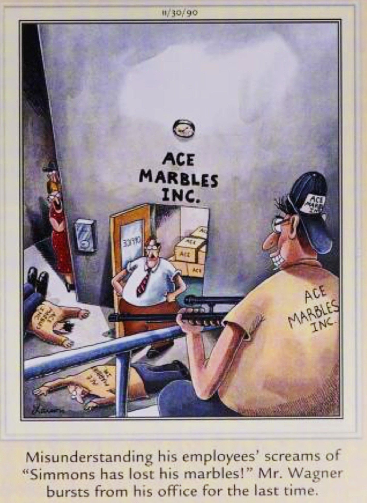 Far Side, November 30, 1990, depicting a workplace shooting at a Marble factory