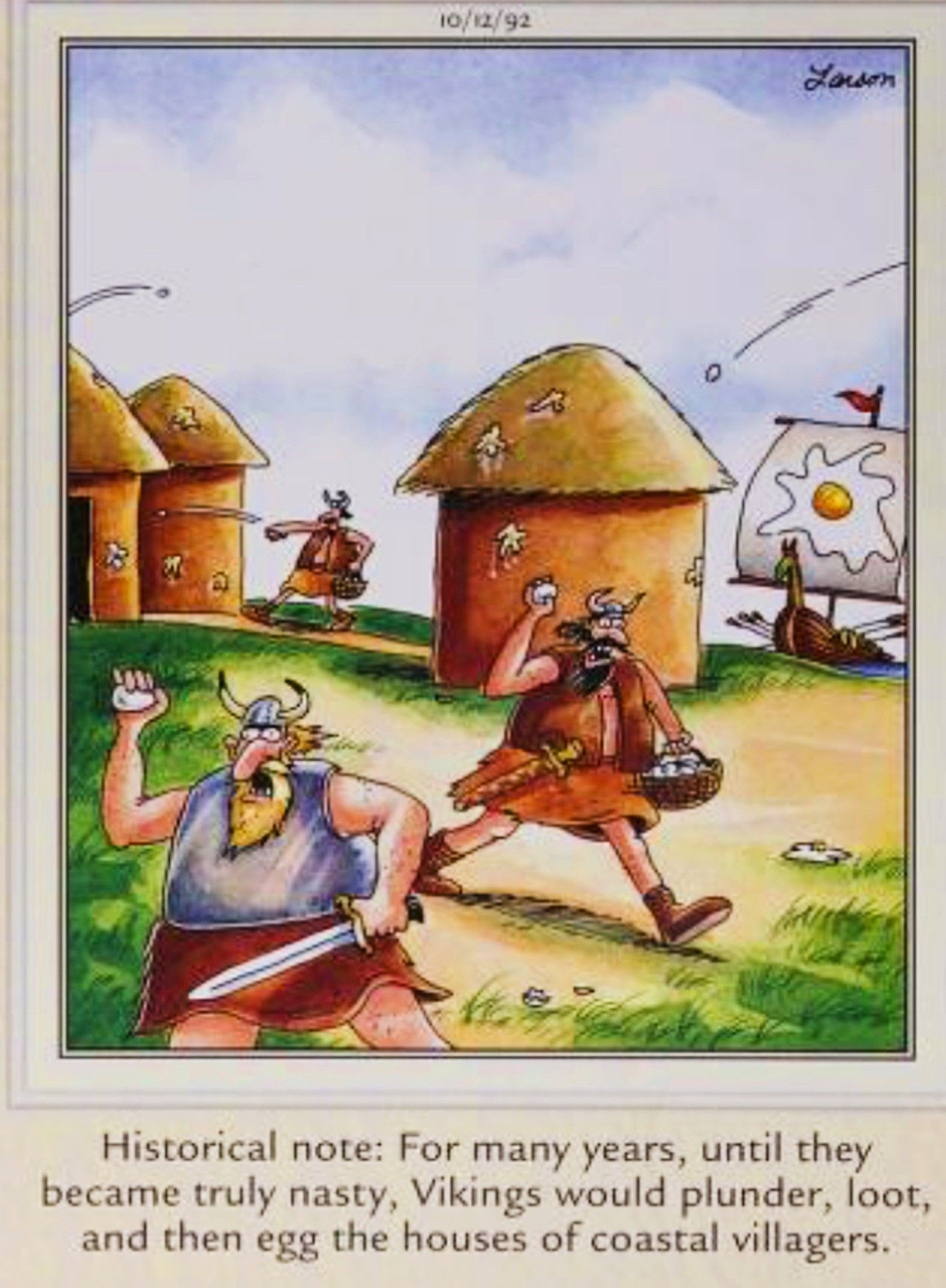 Far Side, October 12, 1982, Vikings egging villaingers' houses instead of burning them down