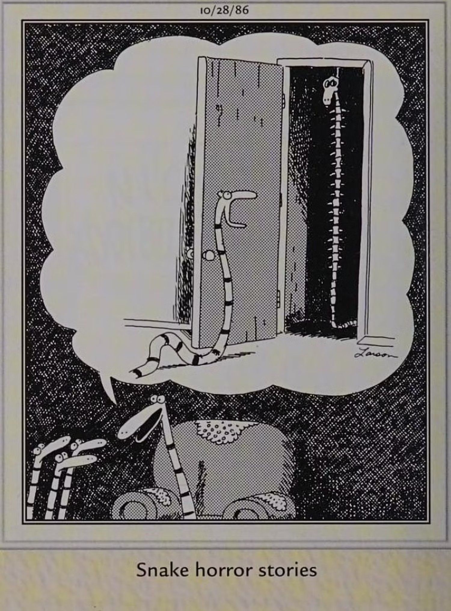 Far Side, October 28, 1986, a snake opens a closet and finds the skeleton of another snake hanging there