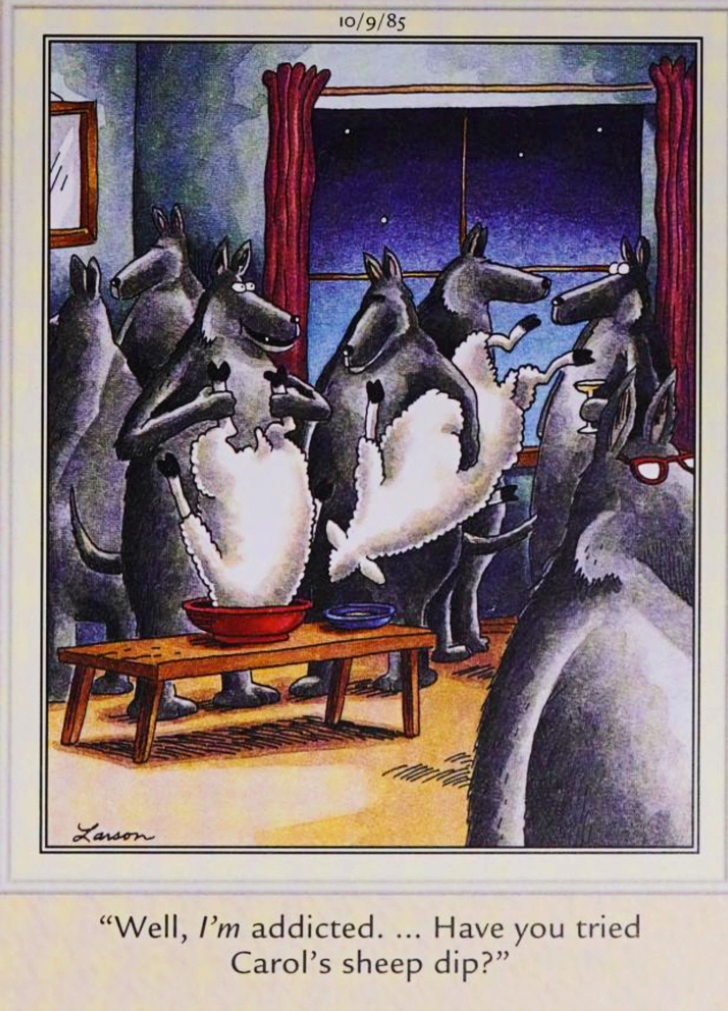 Far Side, October 9, 1985, wolves dunking sheep in dip at a party