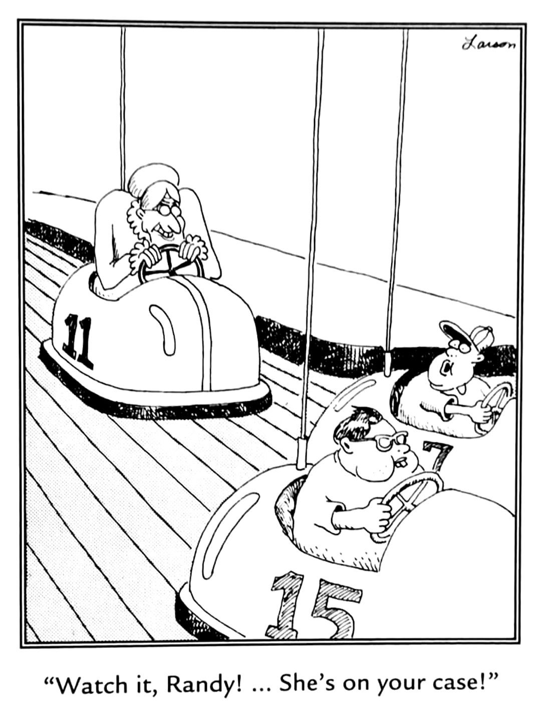 far side old woman in bumper car