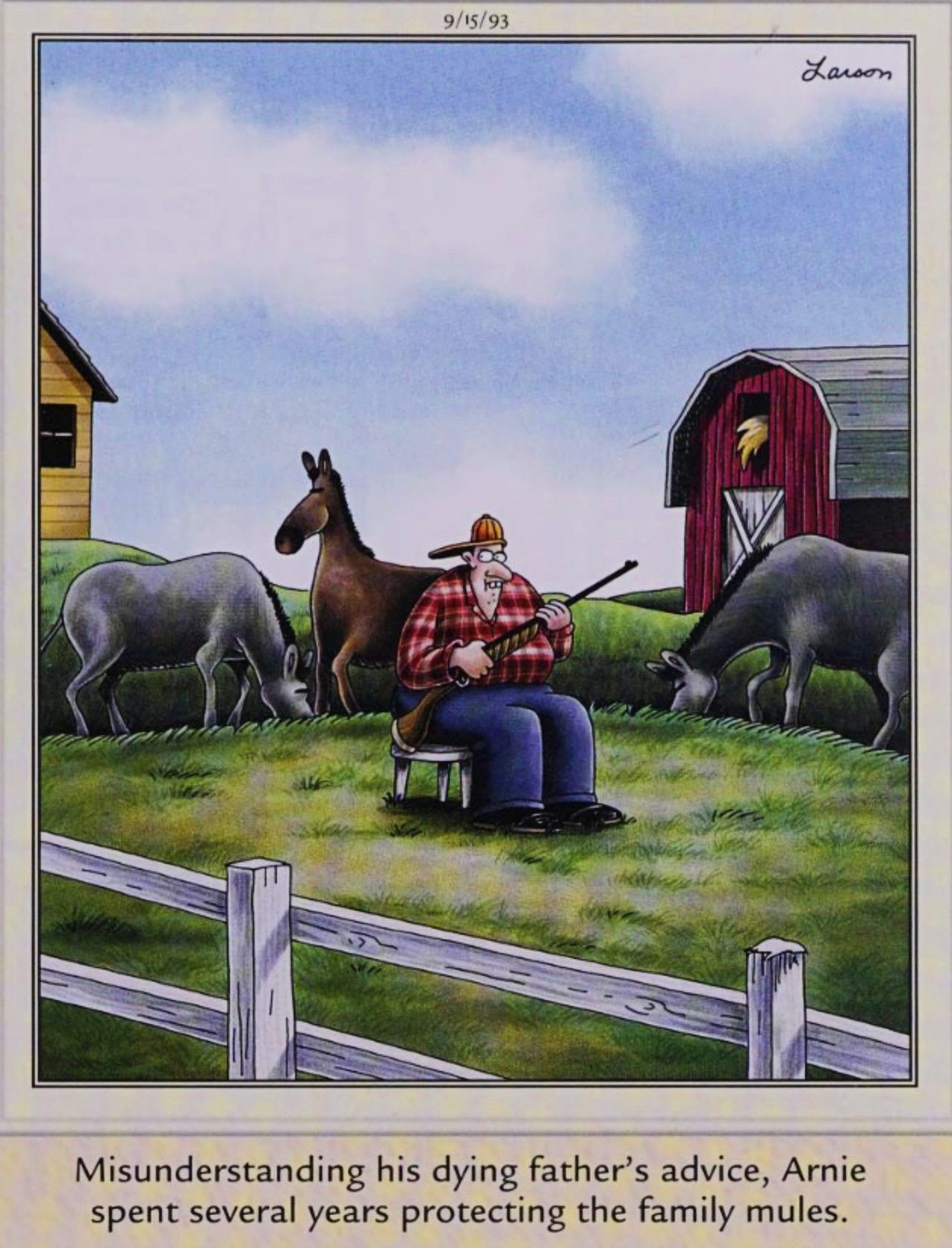 Far Side, September 15, 1993, a farmer with a rifle protects his &lsquo;family mules&rsquo;