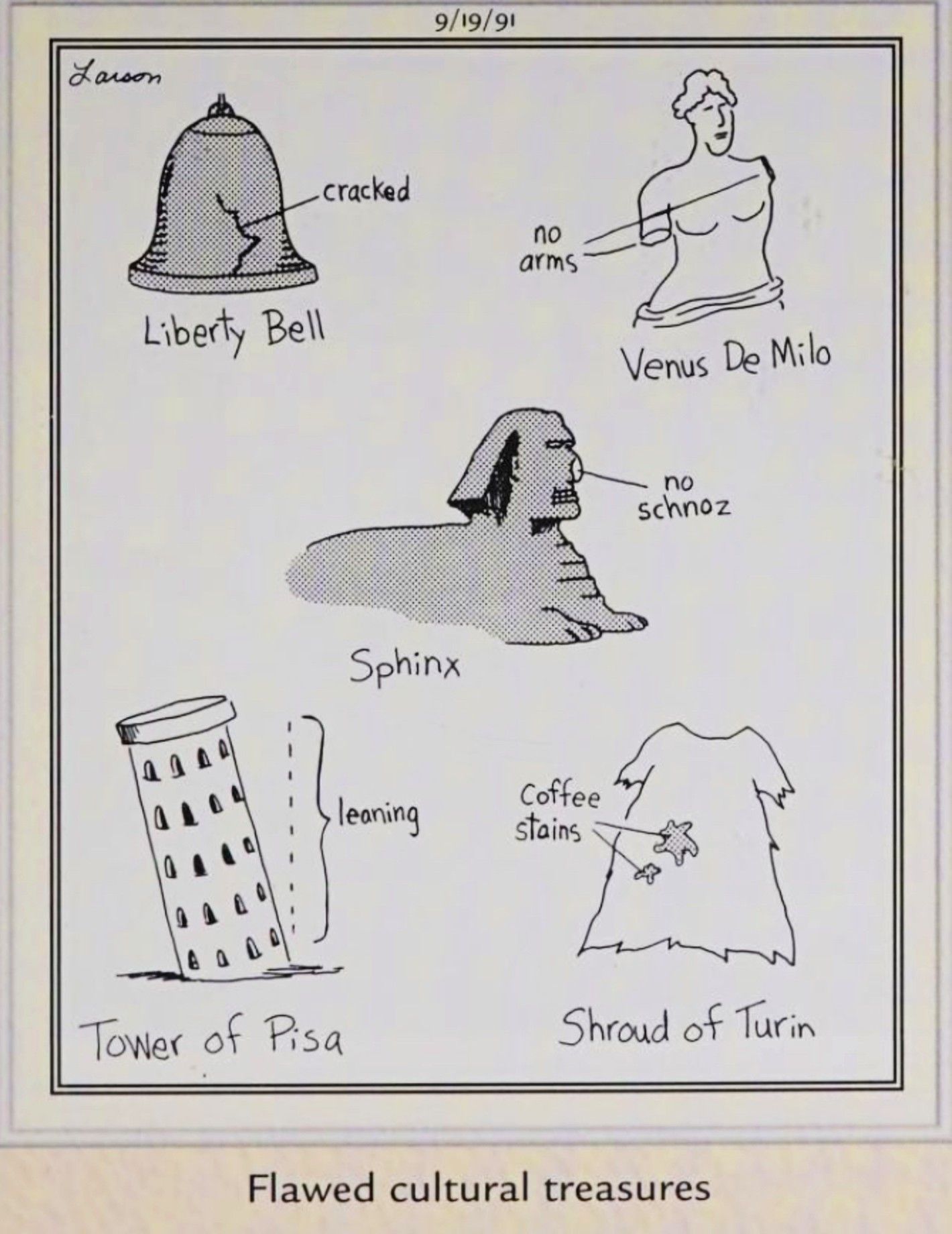 Far Side, September 19, 1991, featuring &lsquo;flawed cultural treasures&rsquo;