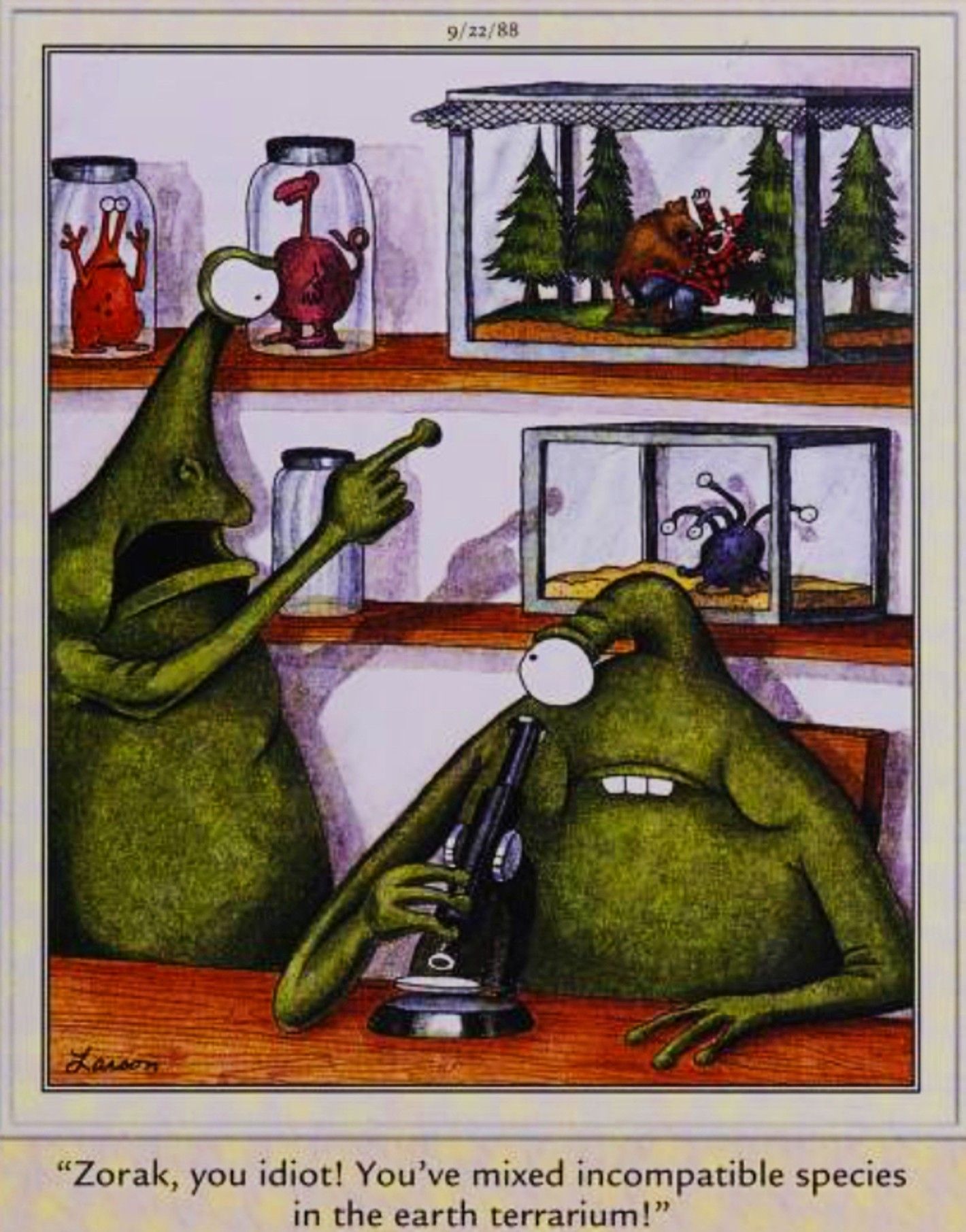 Far Side, September 22, 1988, an alien scientist tells its colleague they mixed their bear and human specimens