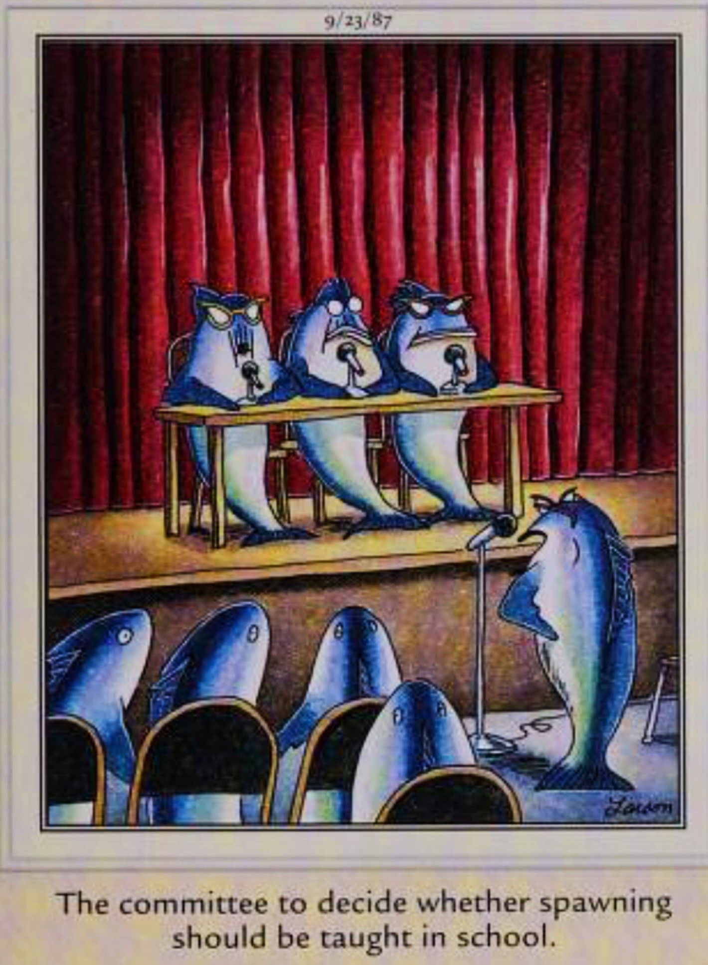 Far Side, September 23, 1987, salmon meet to decide if &lsquo;spawning should be taught in schools&rsquo;