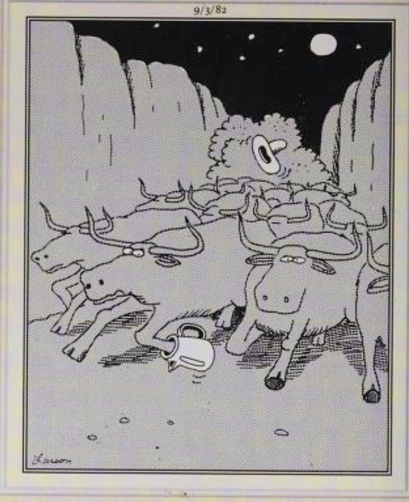 Far Side, September 3, 1982, a stampede of bison trample a cowboy&rsquo;s camp site