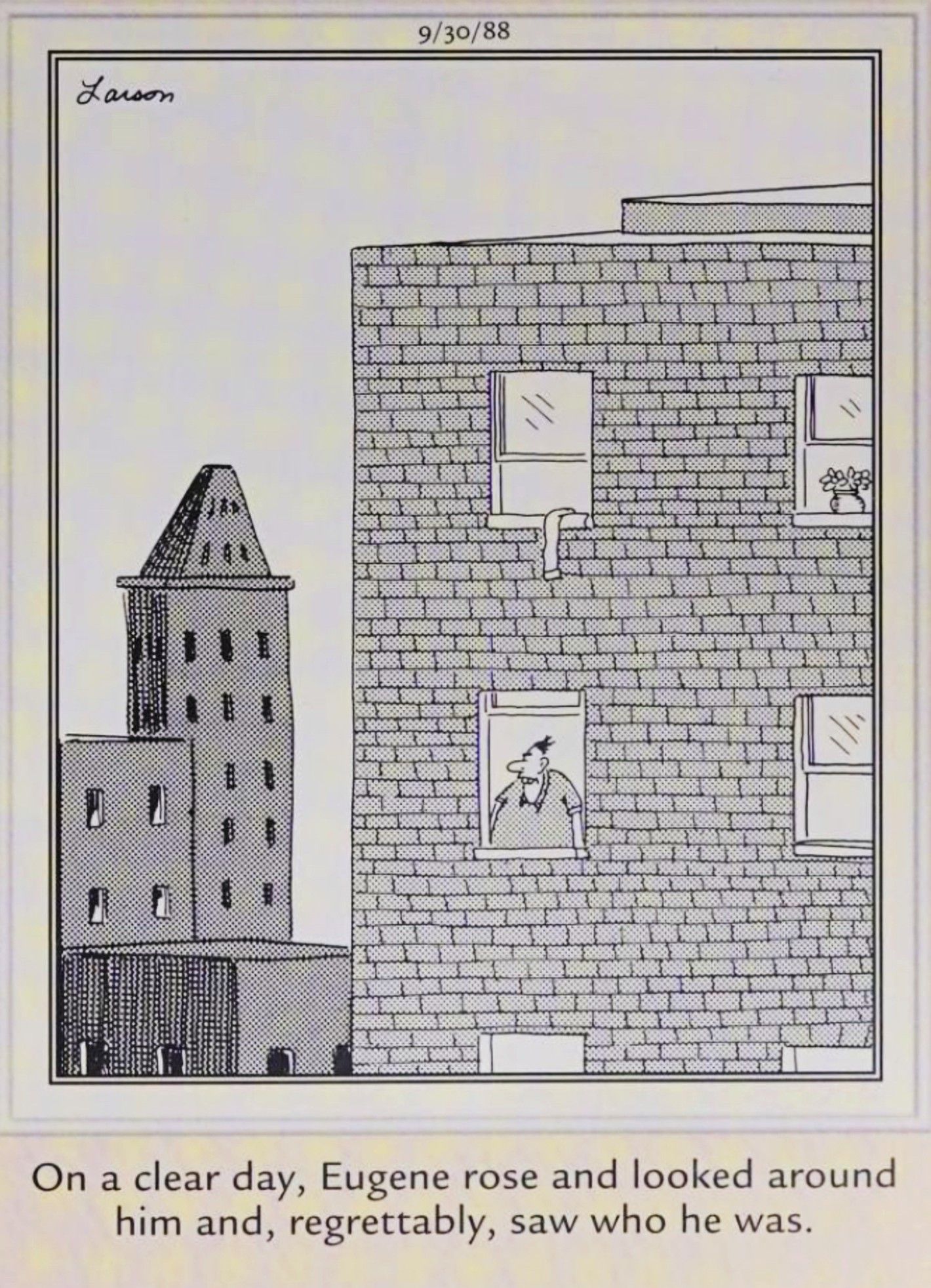 Far Side, September 30, 1988, a man looks out his window and &lsquo;sees who he is&rsquo;