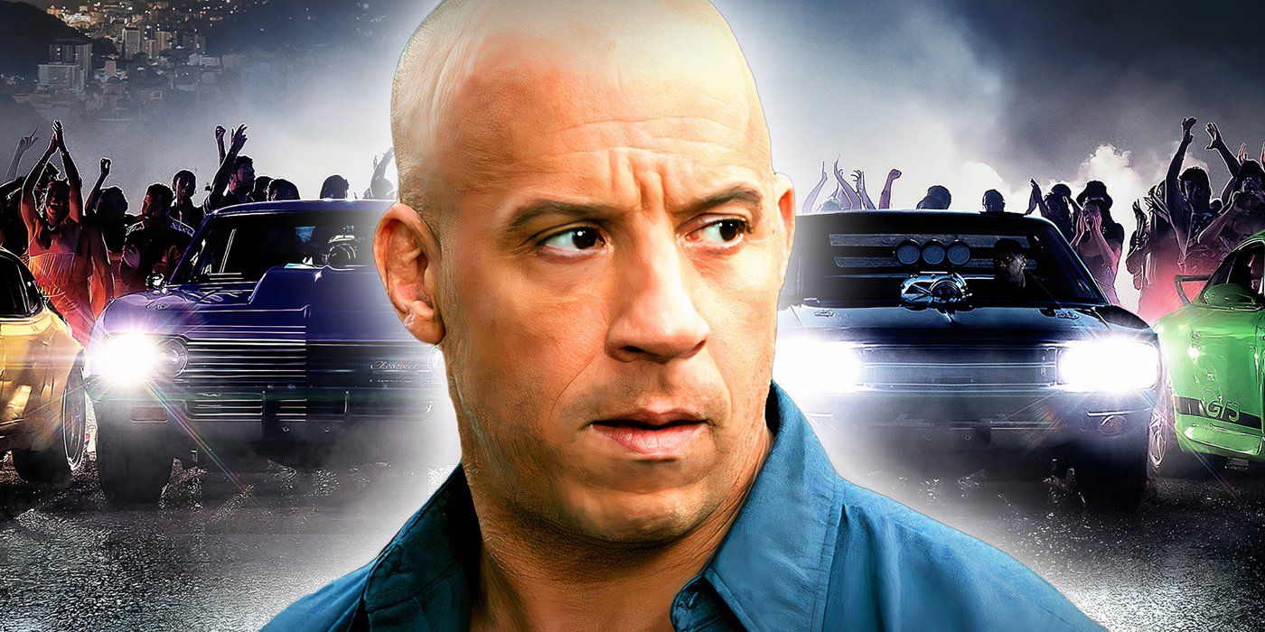 An edited image of Vin Diesel as Dominic Torreto in the Fast & Furious franchise with the poster for Fast X in the background.