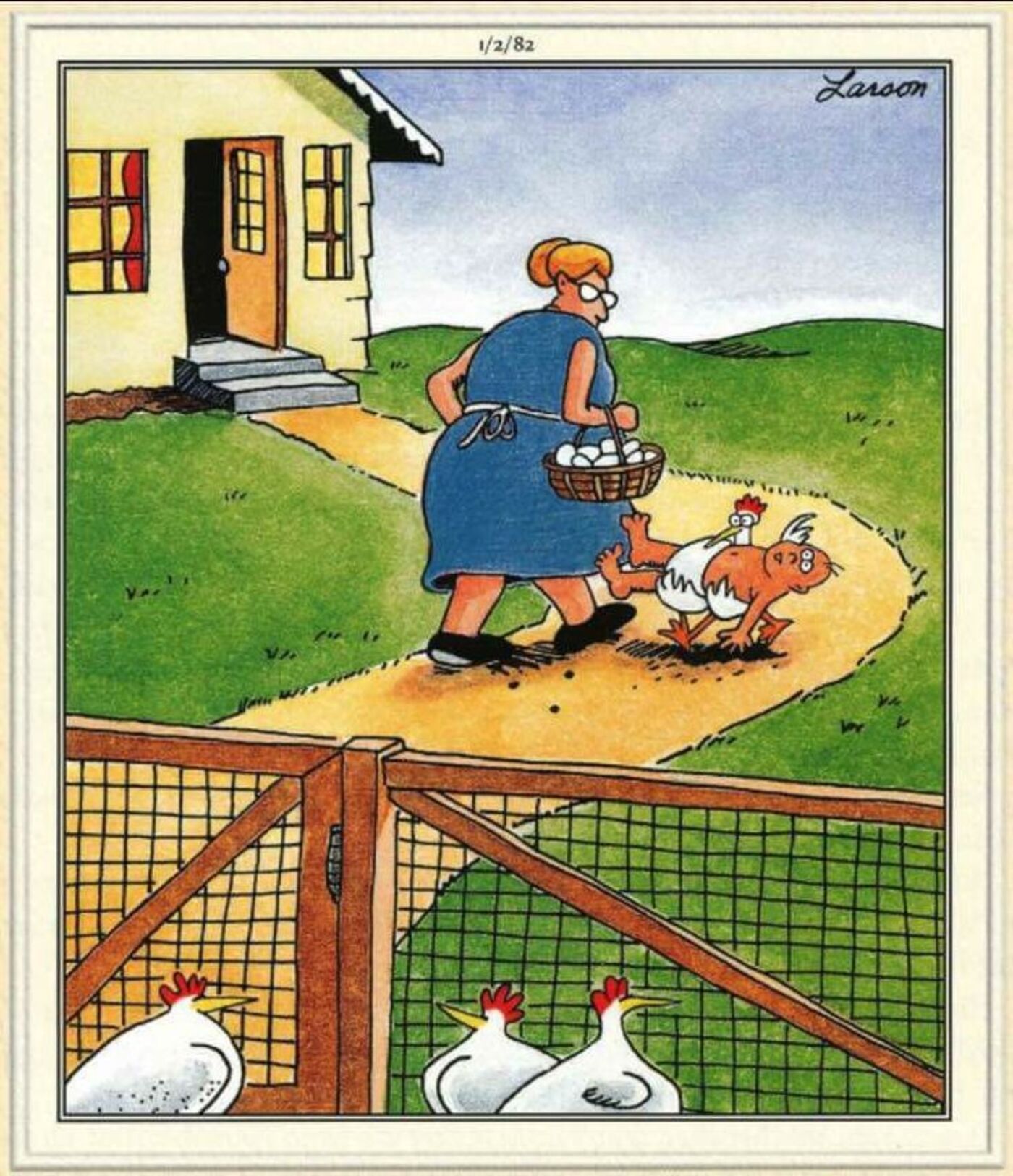 Far Side, chicken stealing a baby from the house while lady takes eggs from chickens.