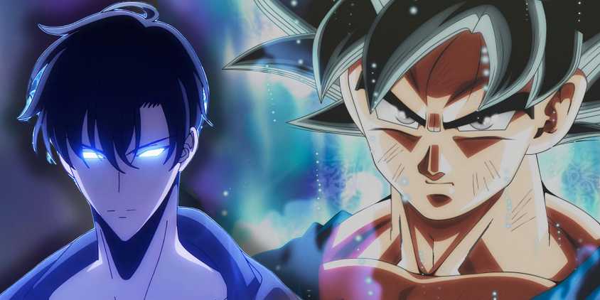 Jinwoo from Solo Leveling exhibiting his aura and Goku in ultra instinct form