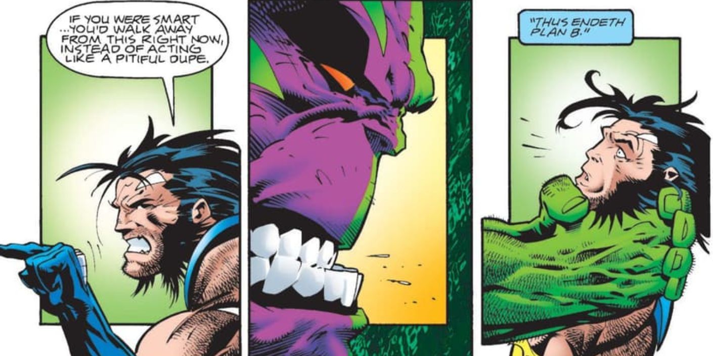 Hulk grabs Wolverine by the neck.