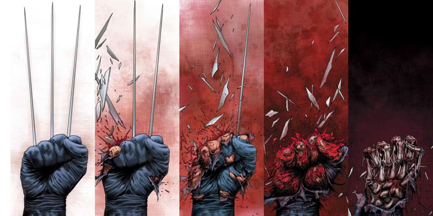 Wolverine's claws shatter till only his adamantium skeleton is left.