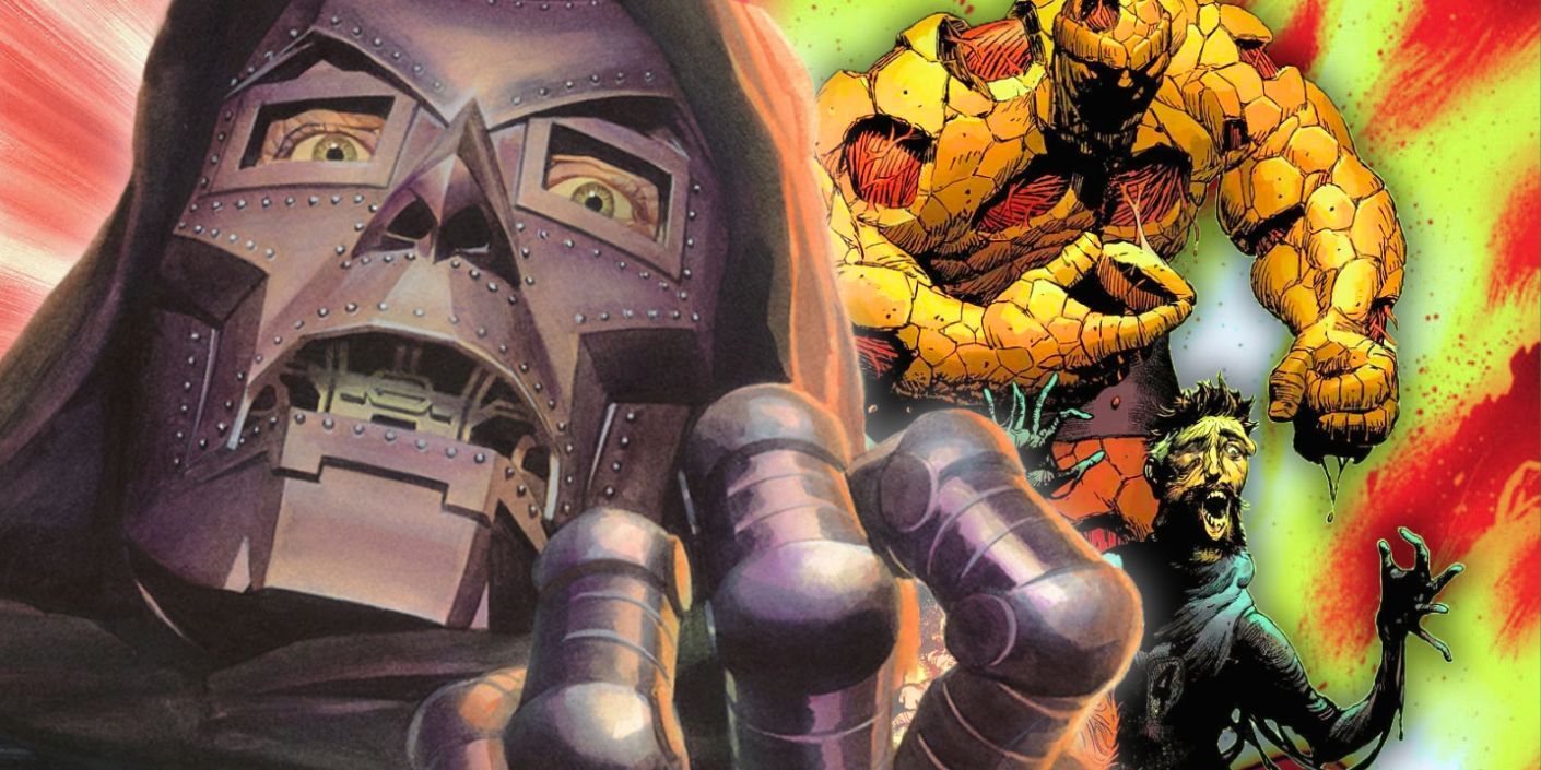 Custom Image of Doctor Doom in front of Reed Richards and the Thing falling apart