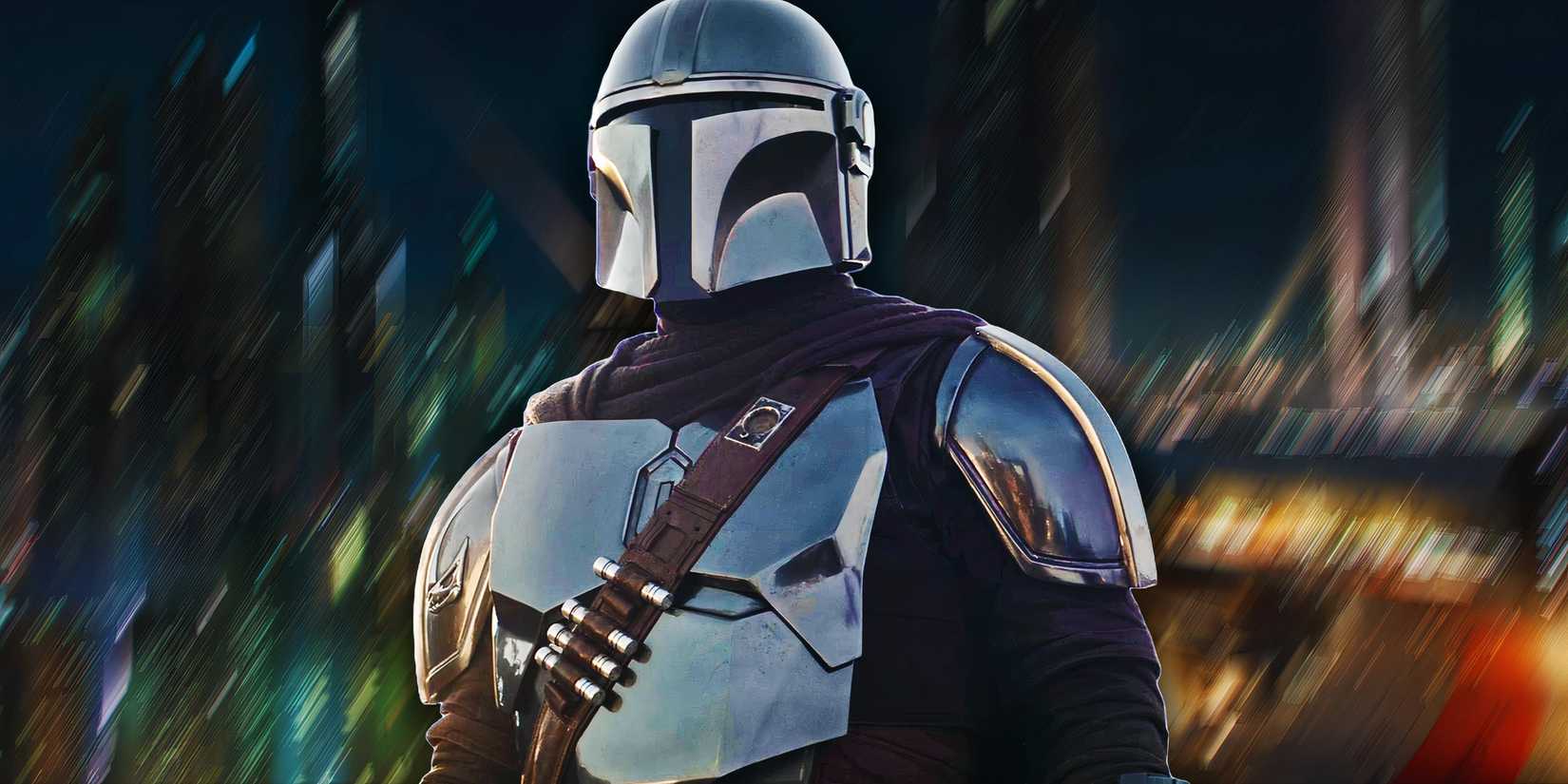 Din Djarin stands on Nevarro in The Mandalorian season 3, edited over Coruscant in The Mandalorian season 3.