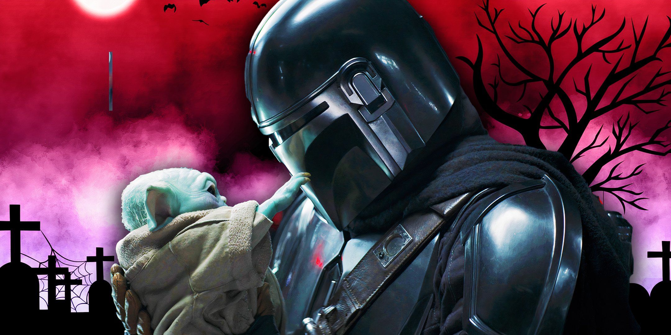 Din Djarin and Grogu face each other in The Mandalorian season 2, edited over a spooky graveyard background.