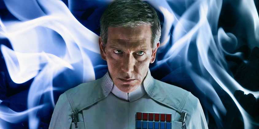 Director Orson Krennic (Ben Mendelsohn) looks up angrily, edited over blue flames.