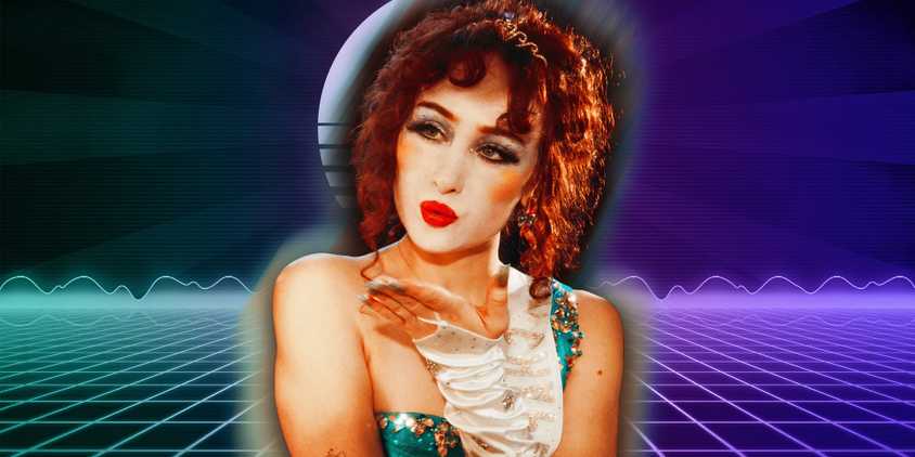 Chappell Roan poses for The Rise and Fall of a Midwest Princess, edited over a 1980s graphic background.