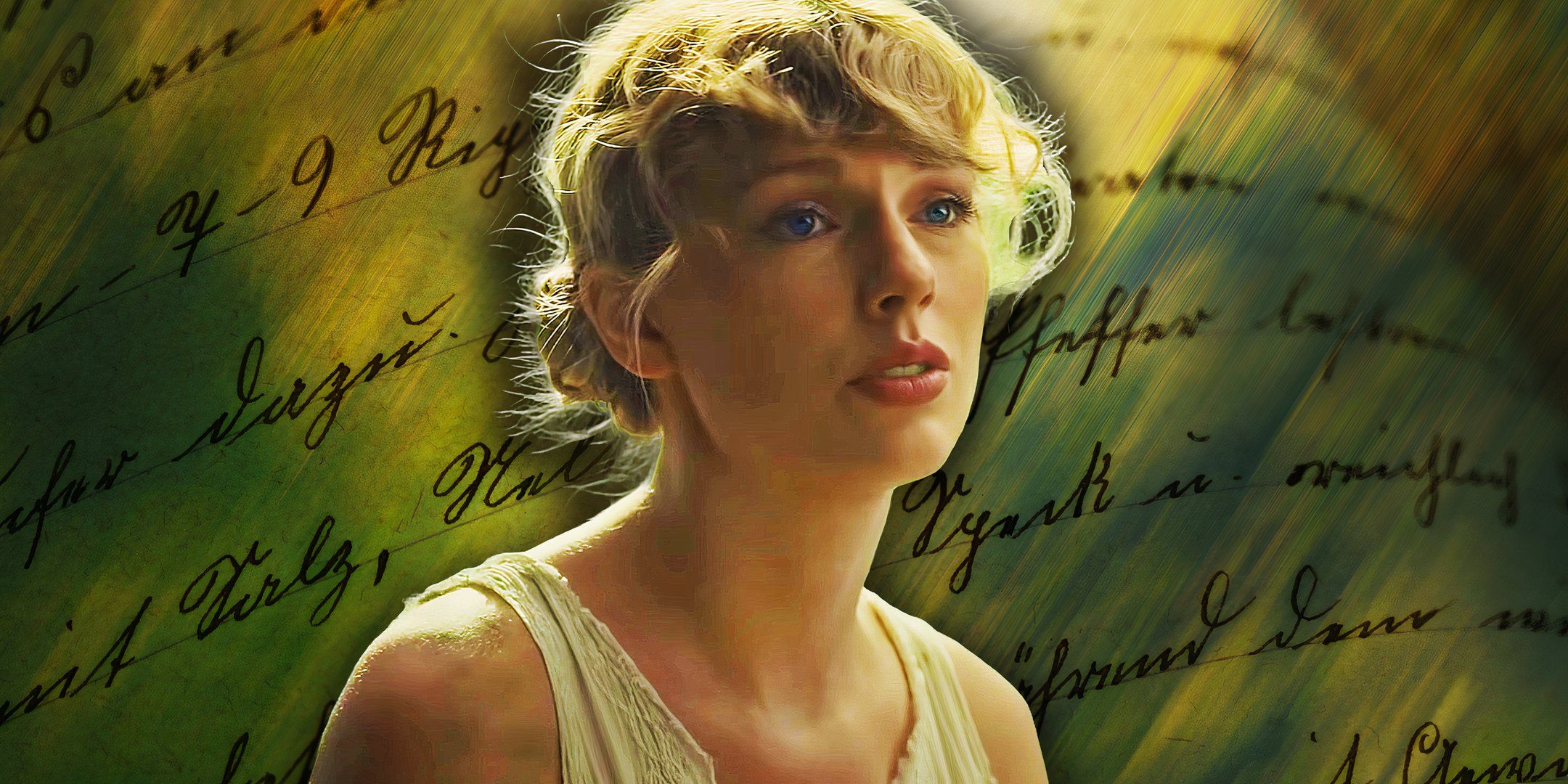 vTaylor Swift sings in the cardigan music video, edited over a book page and a green blurred background.