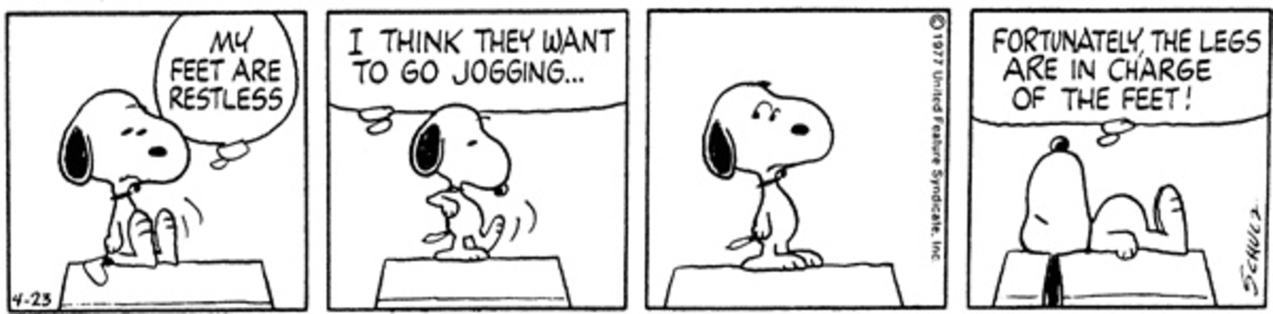 Snoopy running on his doghouse.