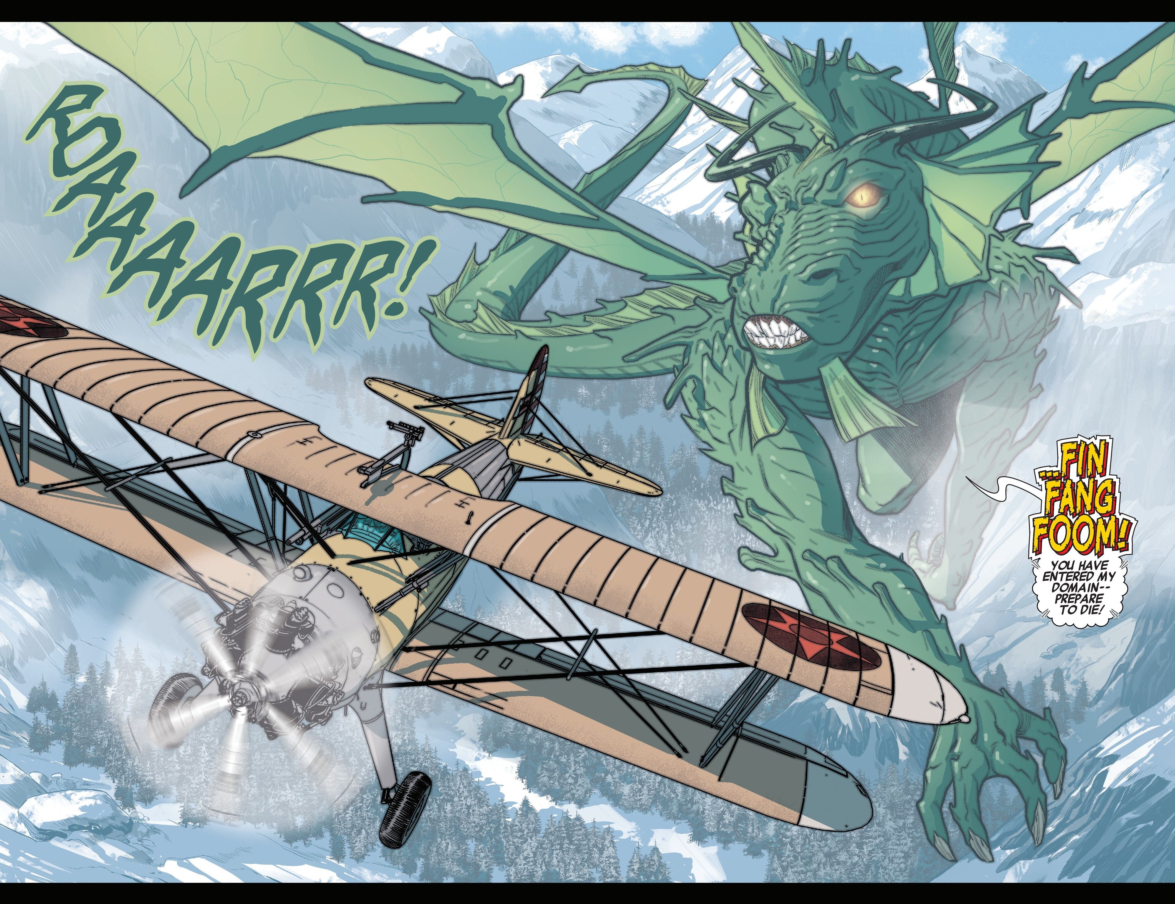 Fin Fang Foom attacks Nick Fury in the sky.