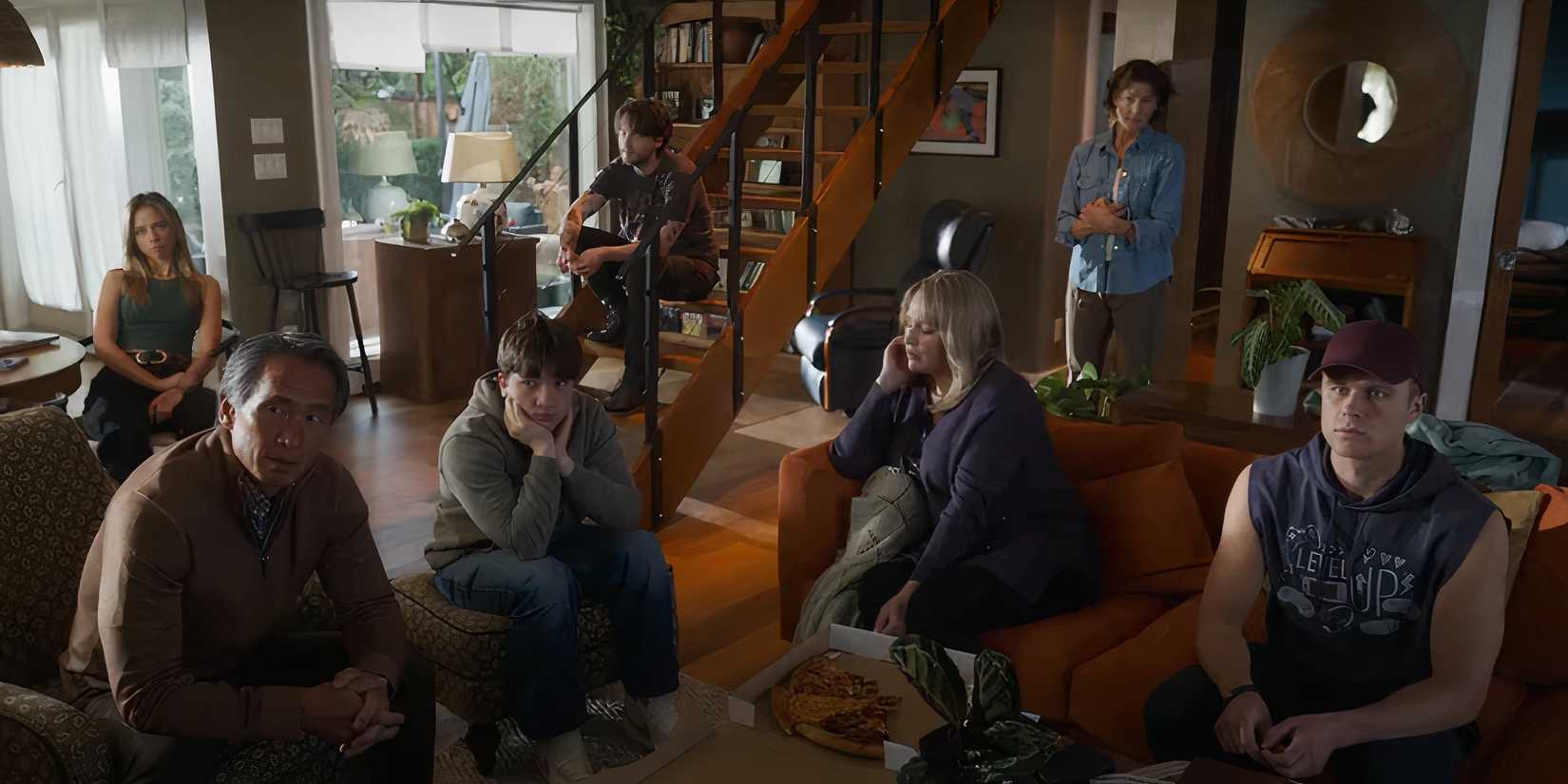 The Lewis Family sitting around a living room in Final Destination Bloodlines
