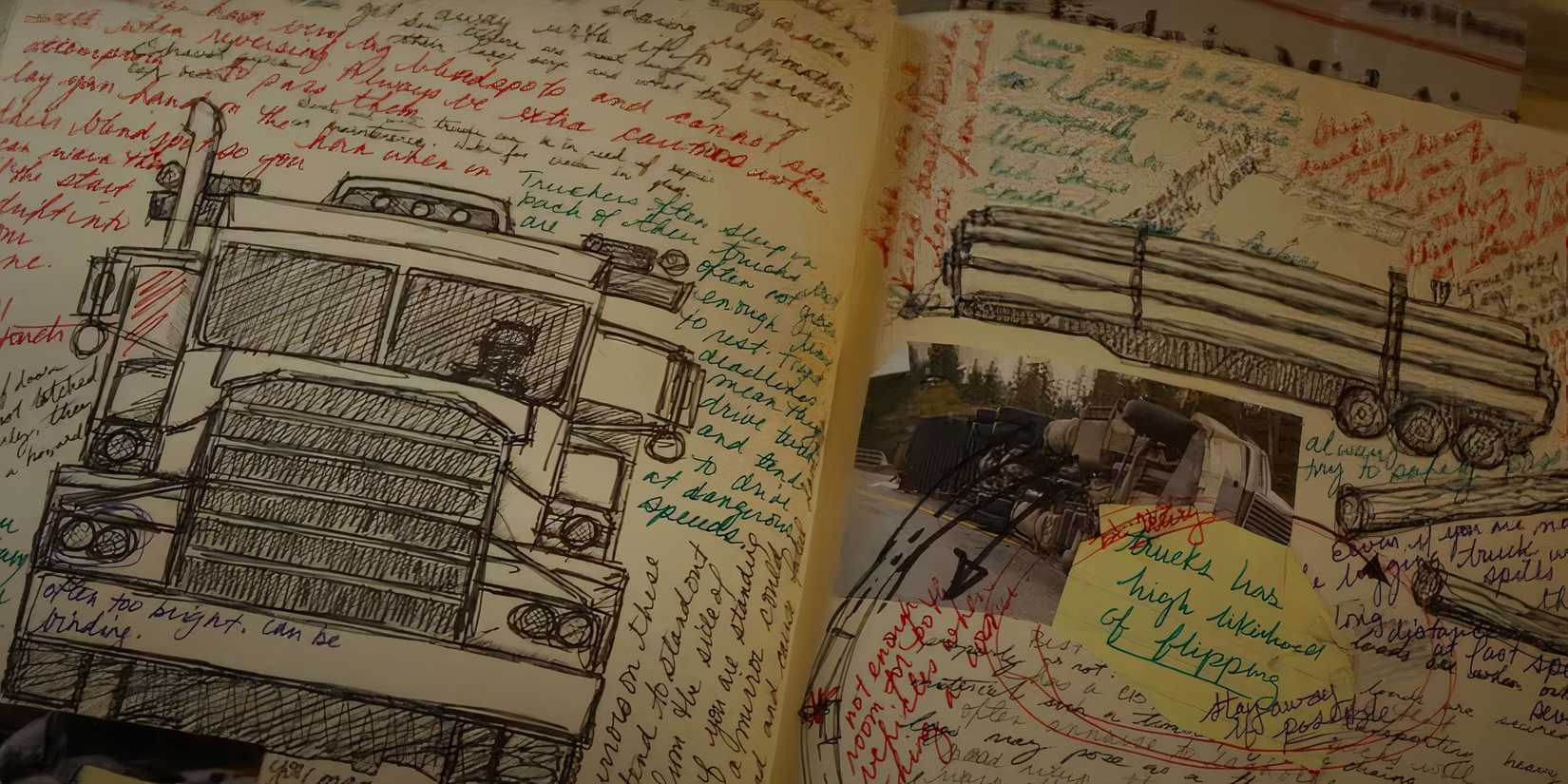 an open notebook with writing scribbled all over it in Final Destination Bloodlines