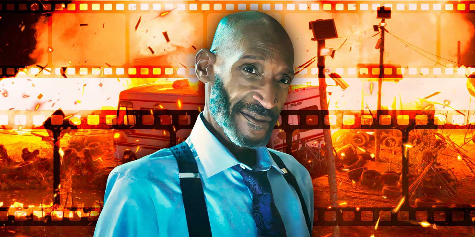 Final Destination Bloodlines Tony Todd as William Bludworth with imagery from the trailer in the background