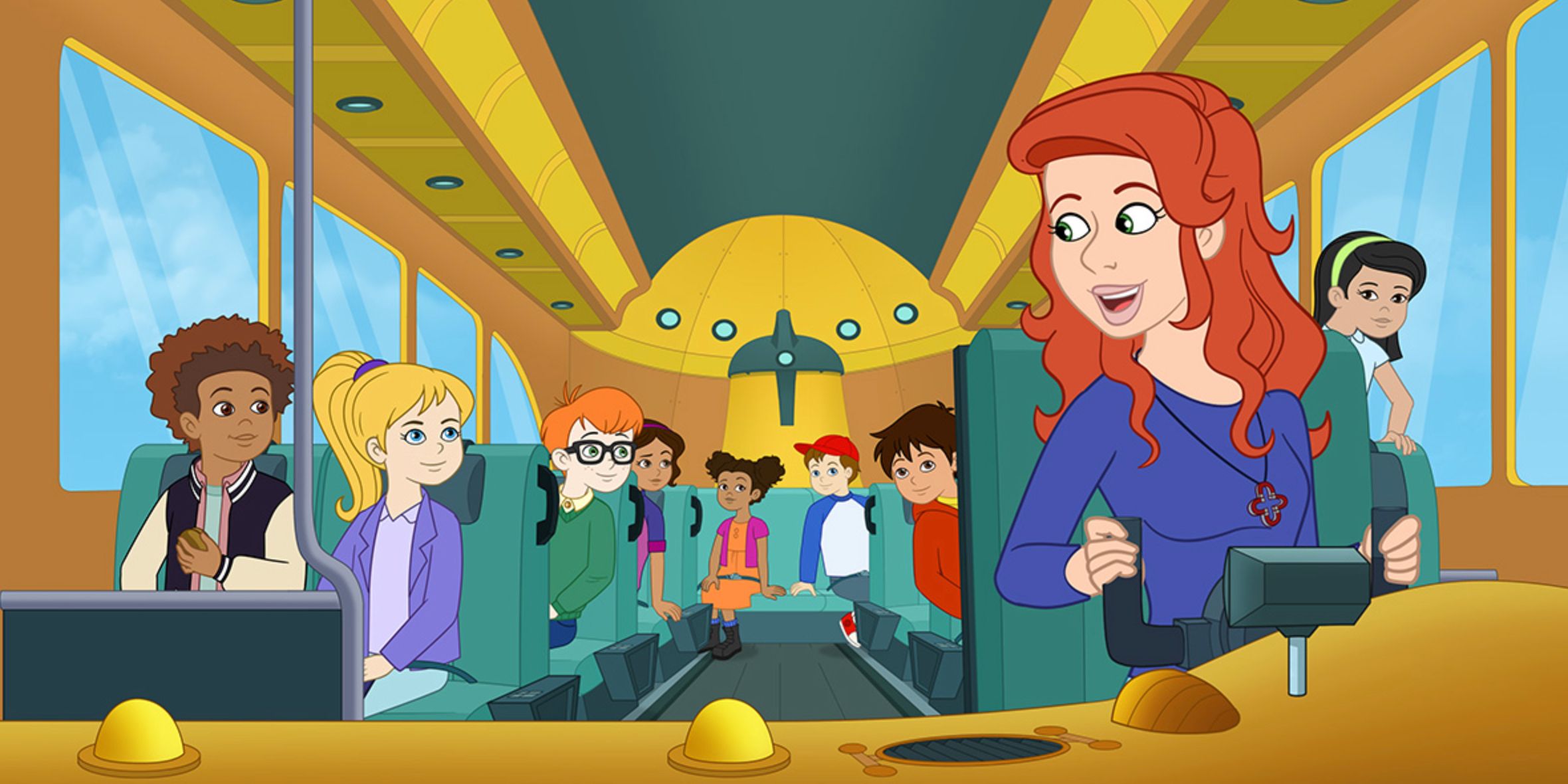 Fiona Frizzle driving the bus in Magic School Bus Rides Again with all of her students seated behind her