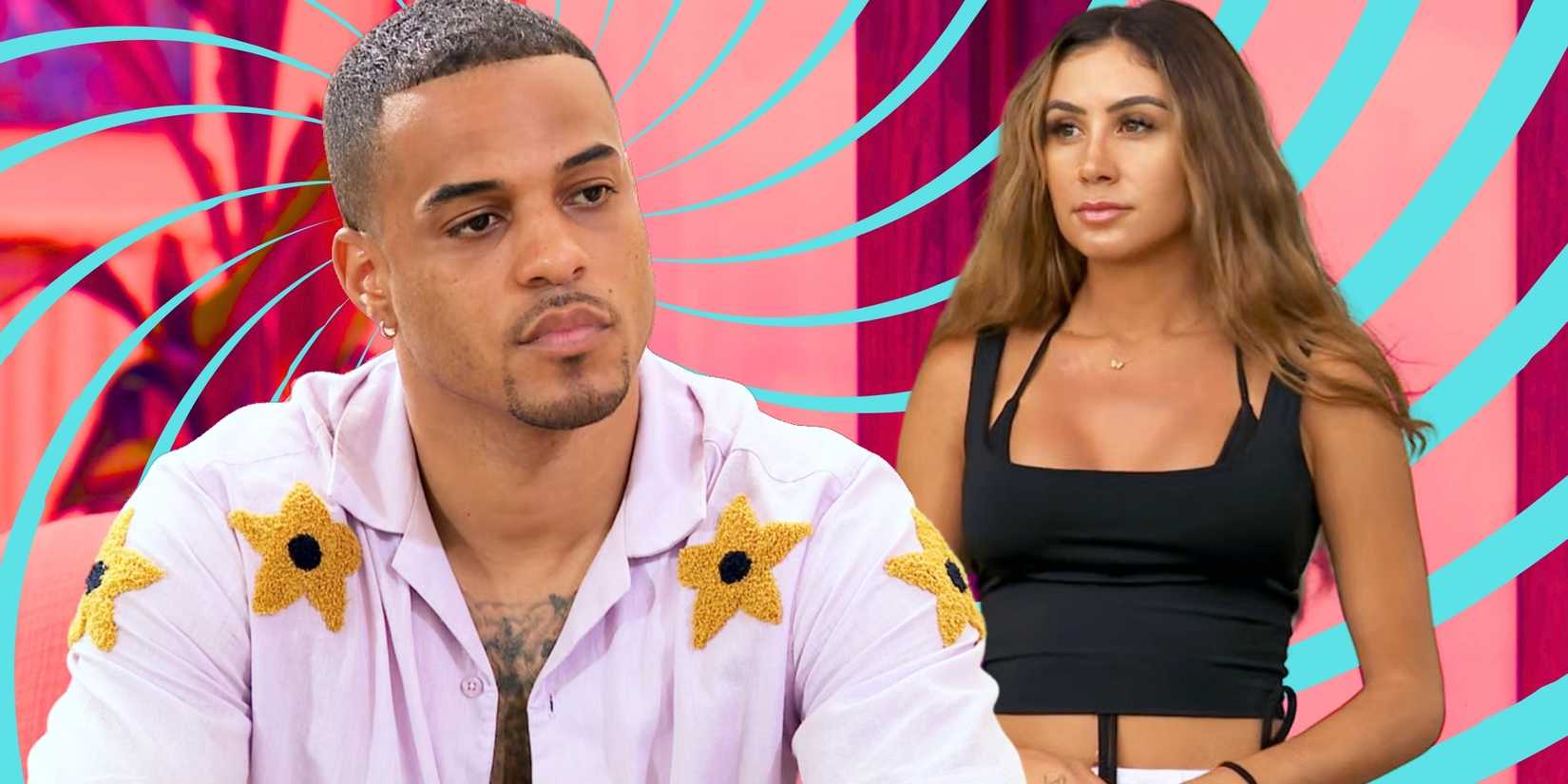 The Bachelor’s Grant Ellis and Juliana Pasquarosa with serious expressions.