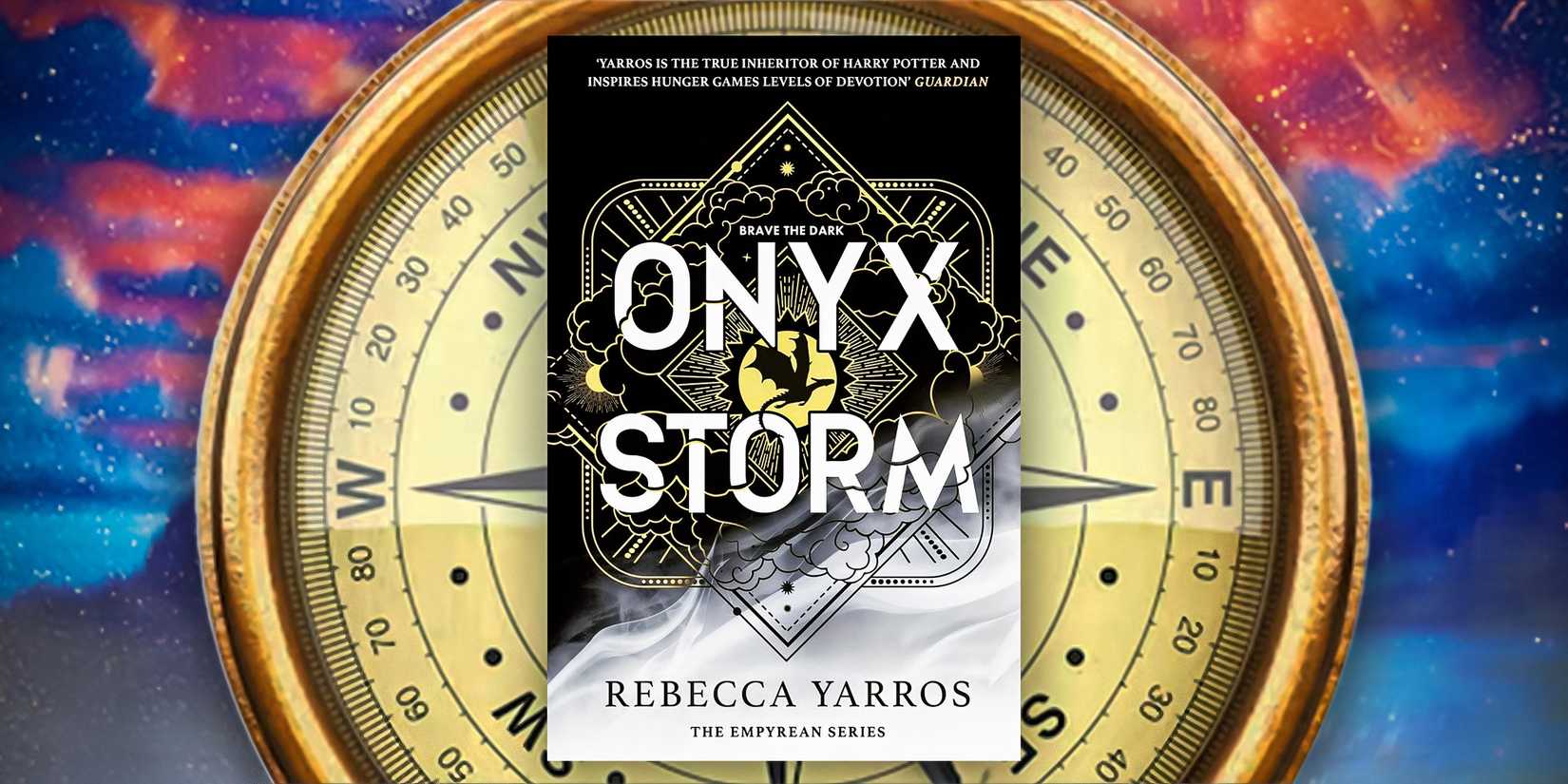 Onyx Storm by Rebecca Yarros book cover, compass background