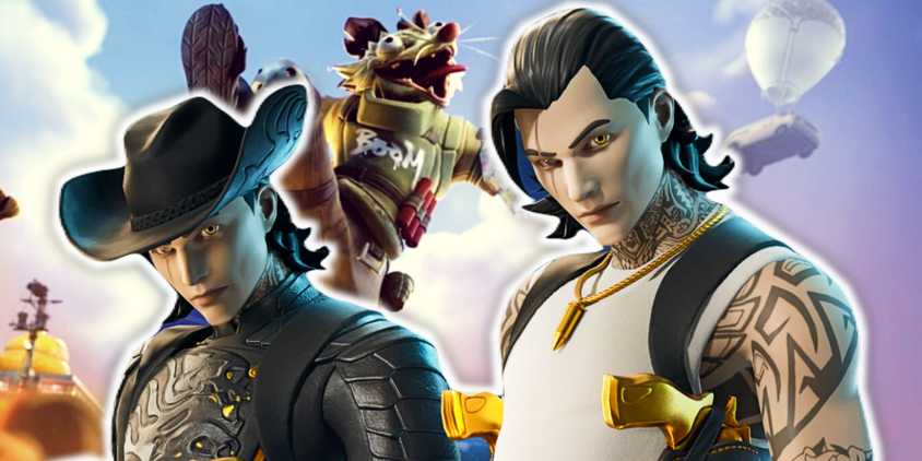 Fortnite Outlaw Midas in front of a rat jumping in the air.