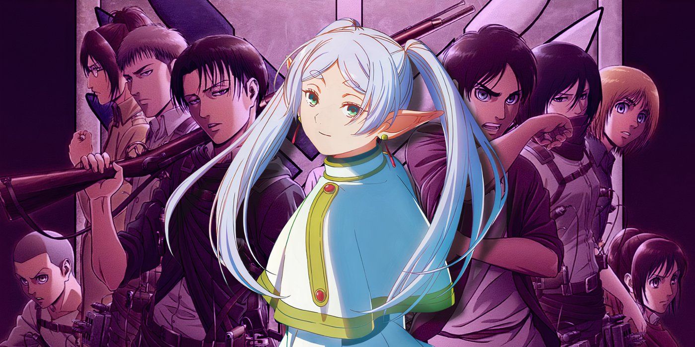 Frieren looking over her shoulder in front of a promotional image for Attack on Titan.
