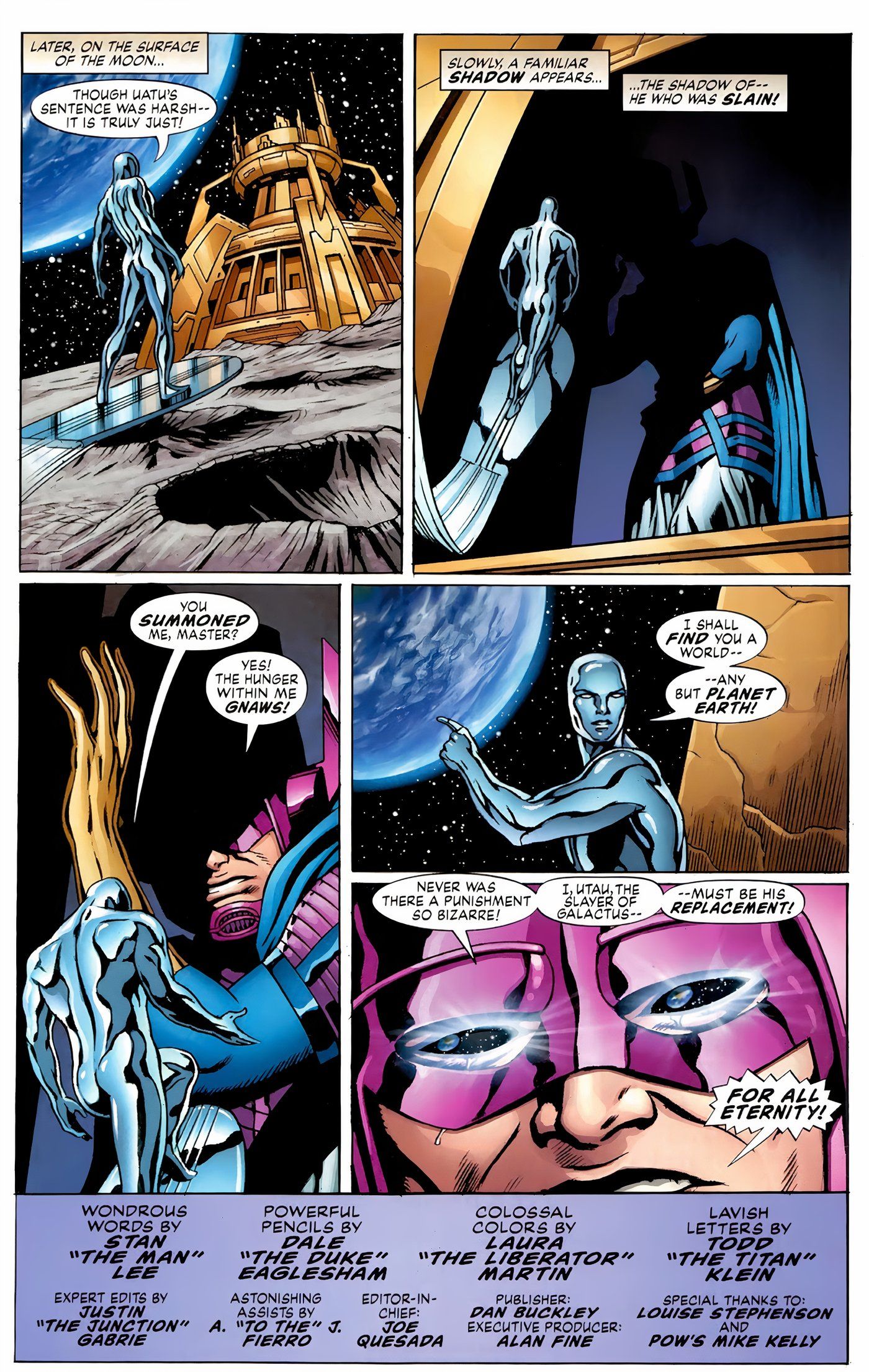 Five panels of the Silver Surfer learning the Watcher has replaced Galactus.