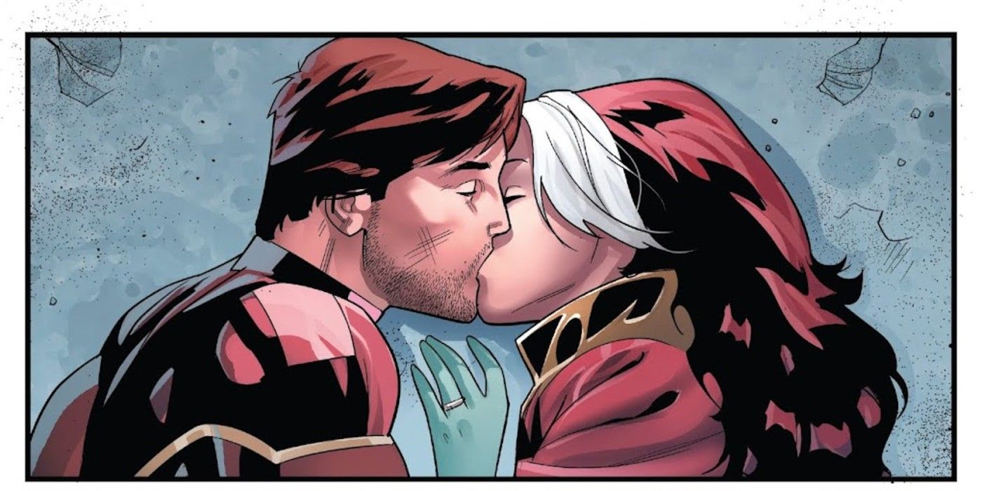 Gambit and Rogue kiss each other on the moon in Mr. and Mrs. X #5