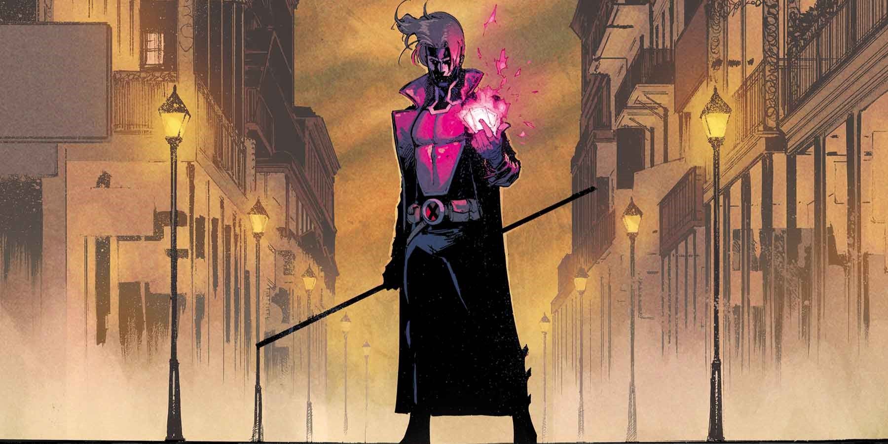 Gambit in New Orleans, holding glowing cards.
