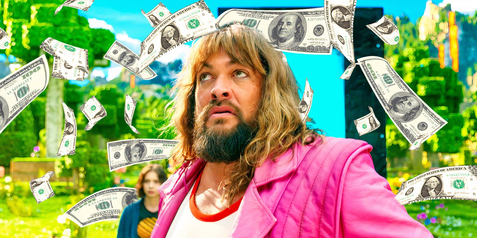 Garrett Garrison (Jason Momoa) looking shocked entering the Minecraft world in A Minecraft Movie while money is falling in the background
