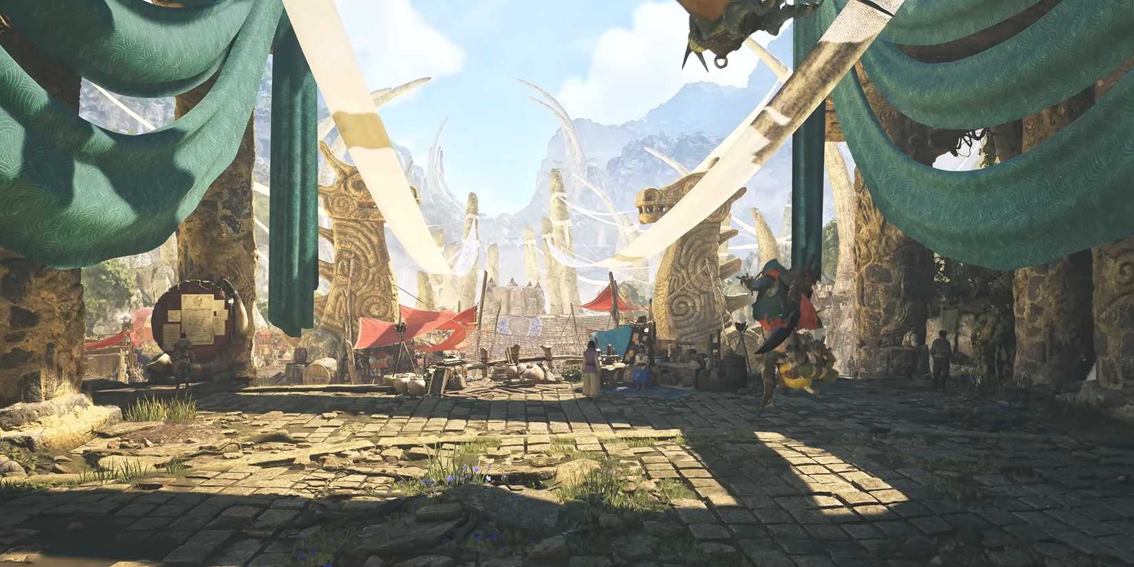 An image showing the entrance to MH Wilds new gathering hub. 