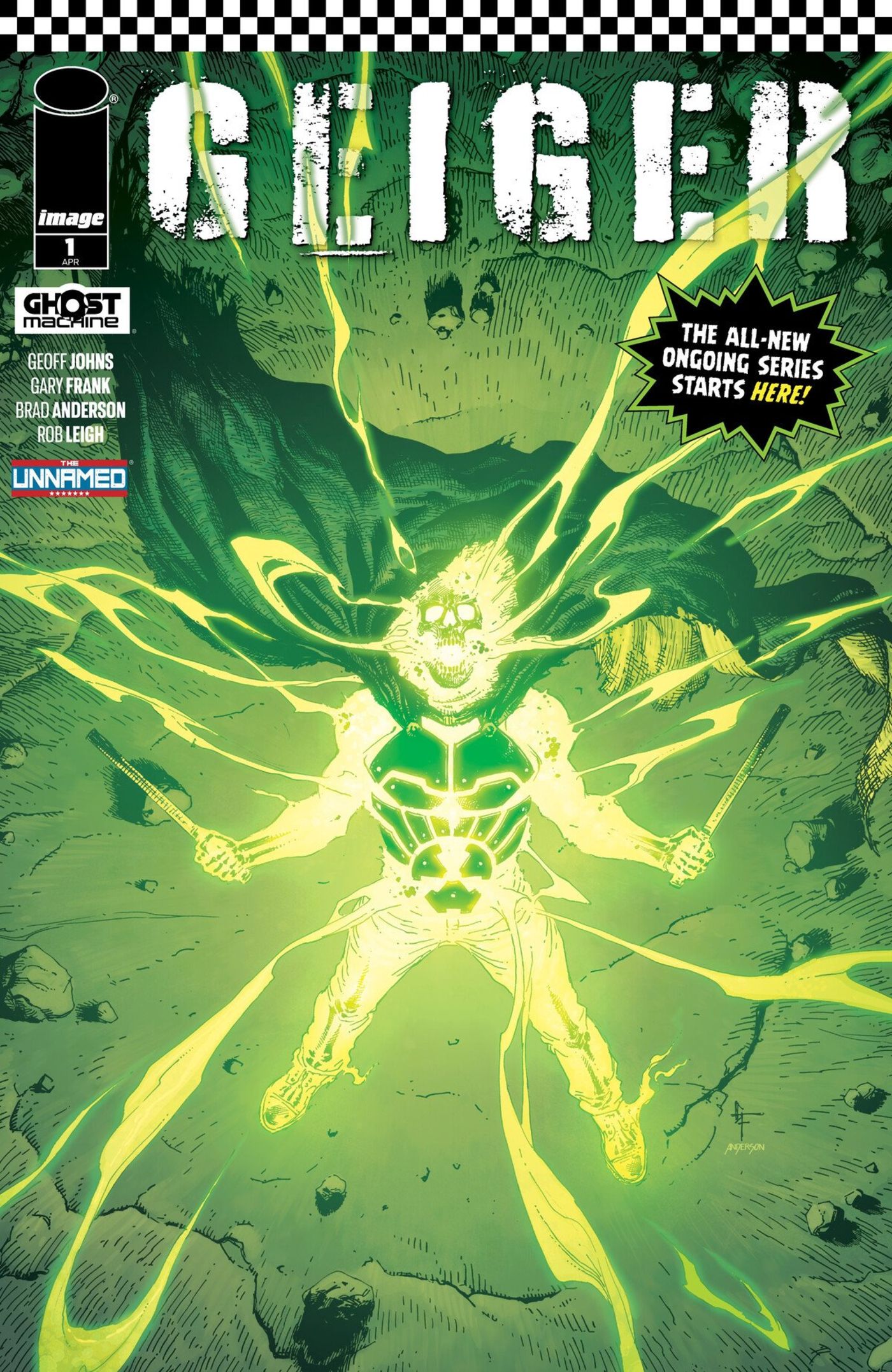 Cover for Image Comics' Geiger #1 with a radioactive green Glowing Man with skull head.