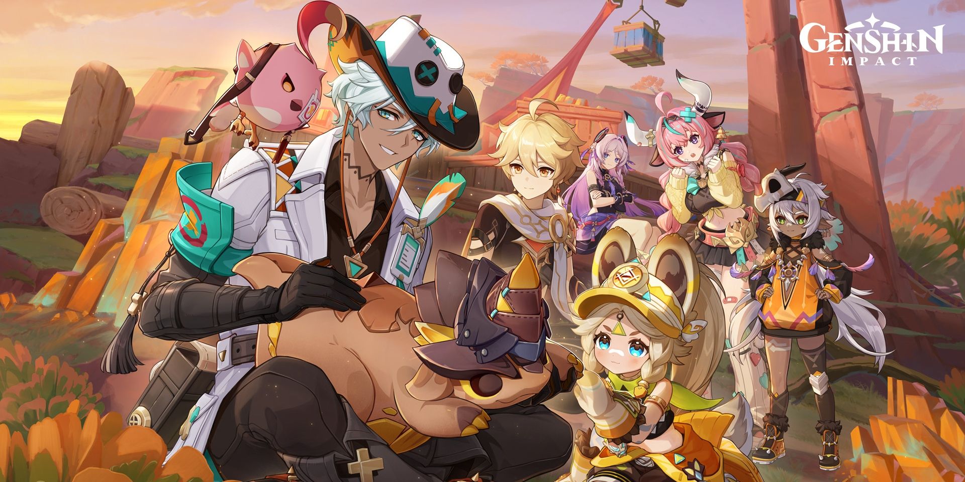 Genshin Impact 5.5's Key Art features Ifa, Aether, Kachina, Iansan, Varesa, and Citlali taking care of a Saurian.