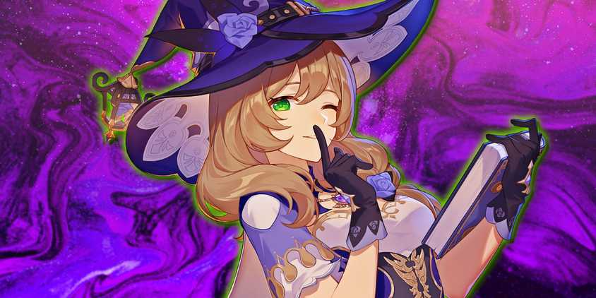 Genshin Impact's Lisa holds a book and hushes the viewer.
