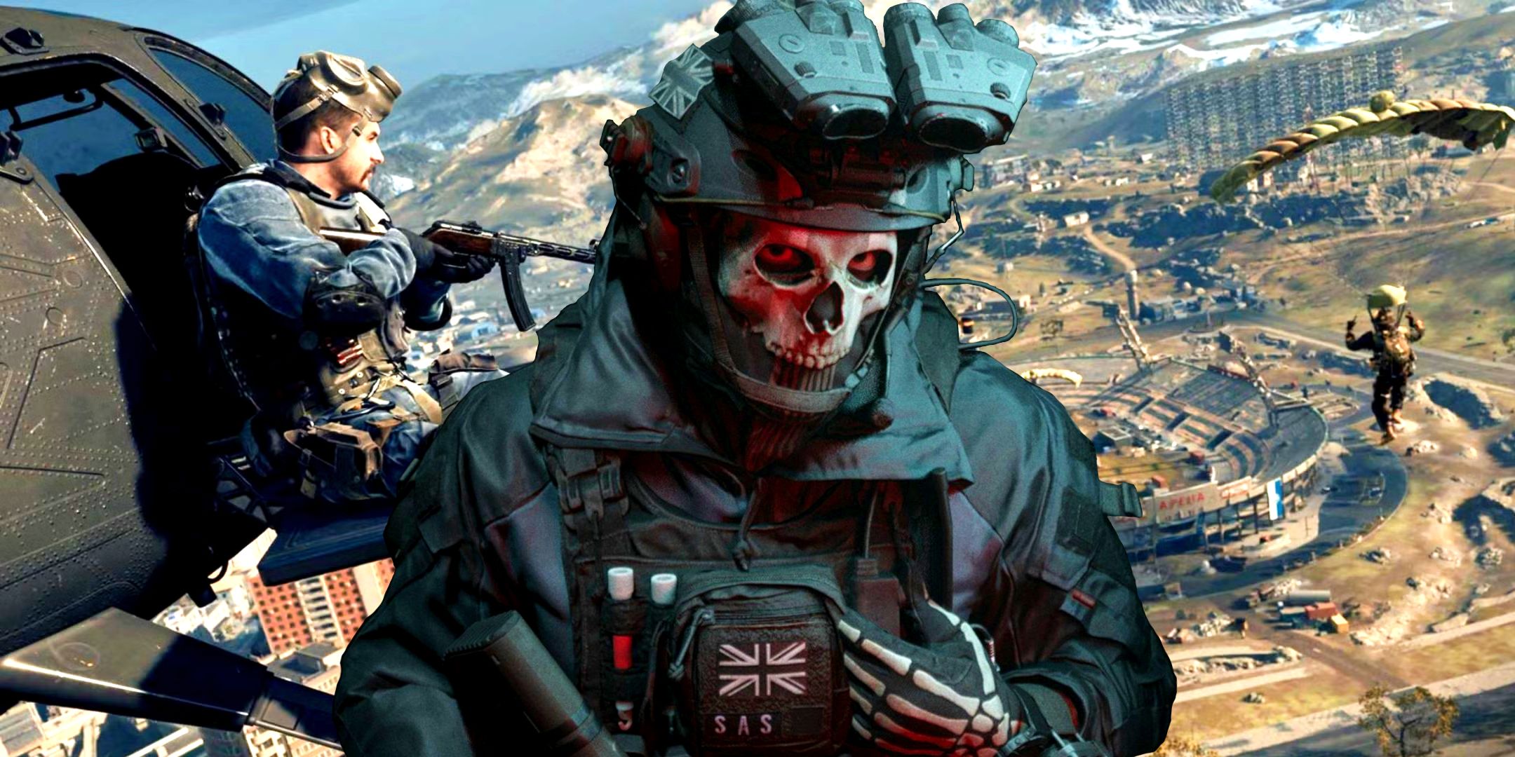Ghost from Call of Duty: Modern Warfare in front of the Warzone Verdansk map.