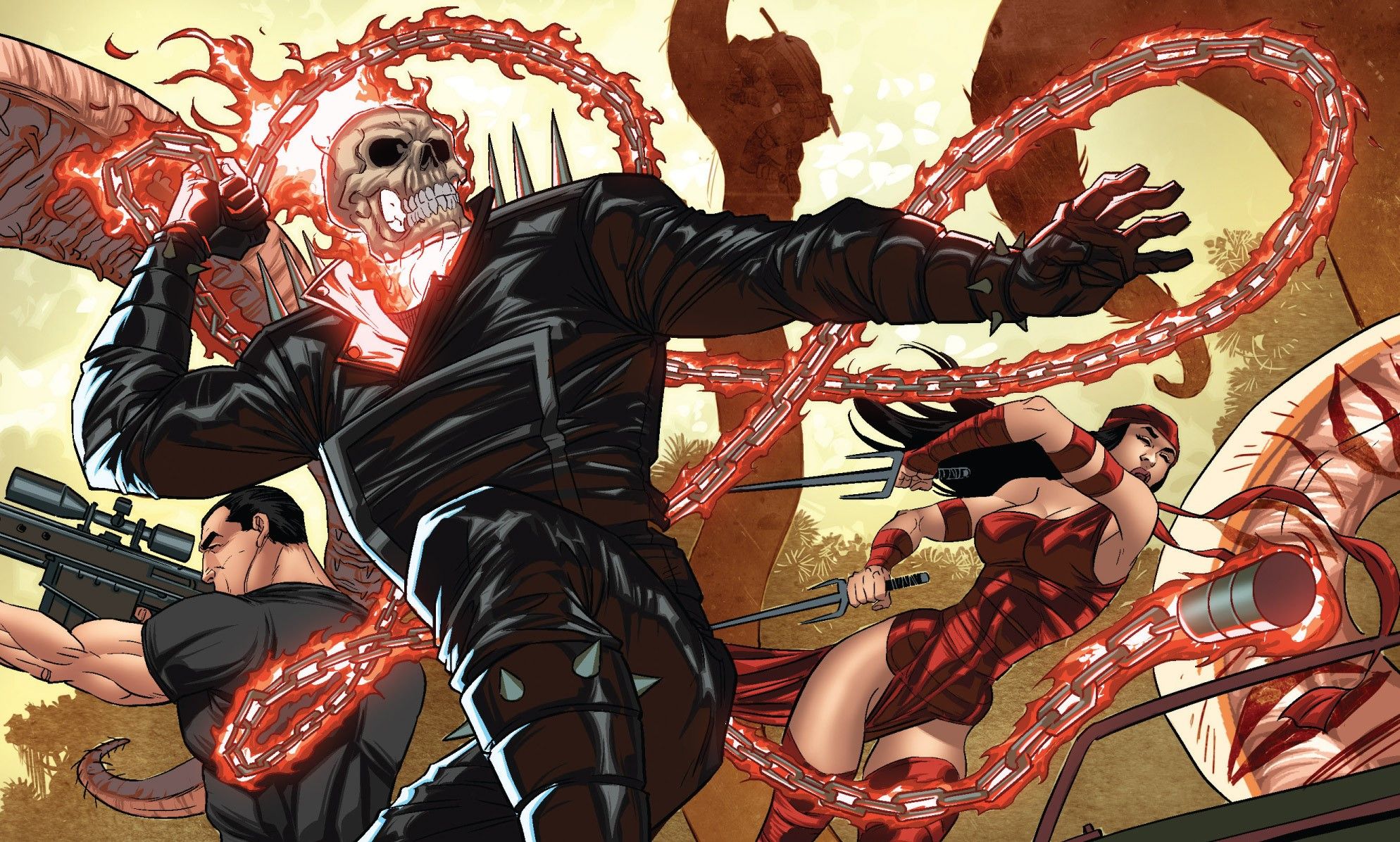 Ghost Rider, Punisher, Elektra fight together