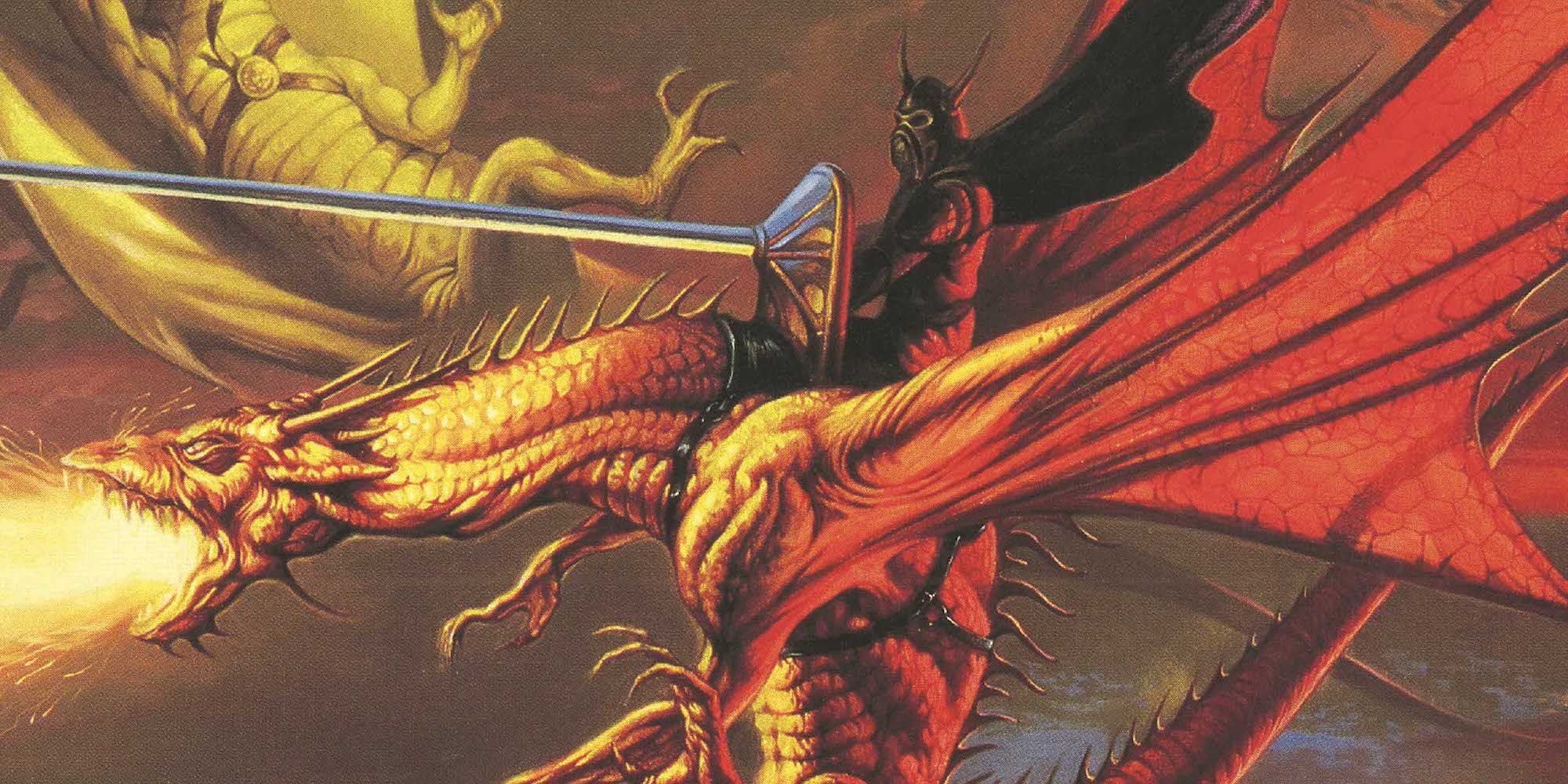 A rider in a horned helm carrying a massive lance, mounted on the back of a fire-breathing dragon