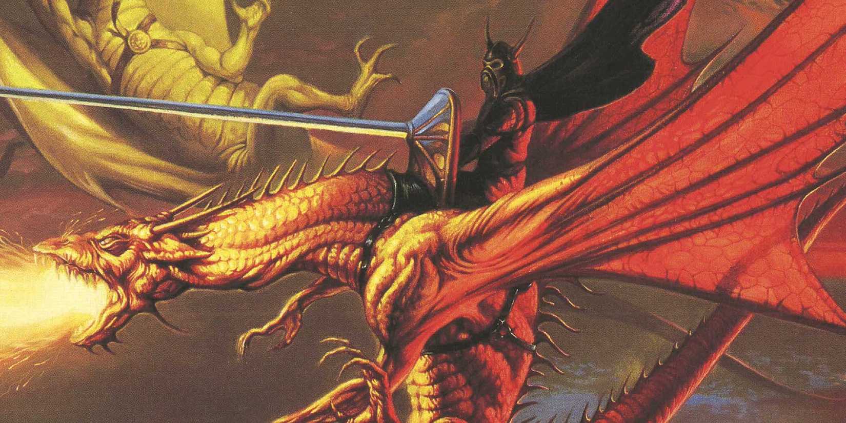 A rider in a horned helm carrying a massive lance, mounted on the back of a fire-breathing dragon