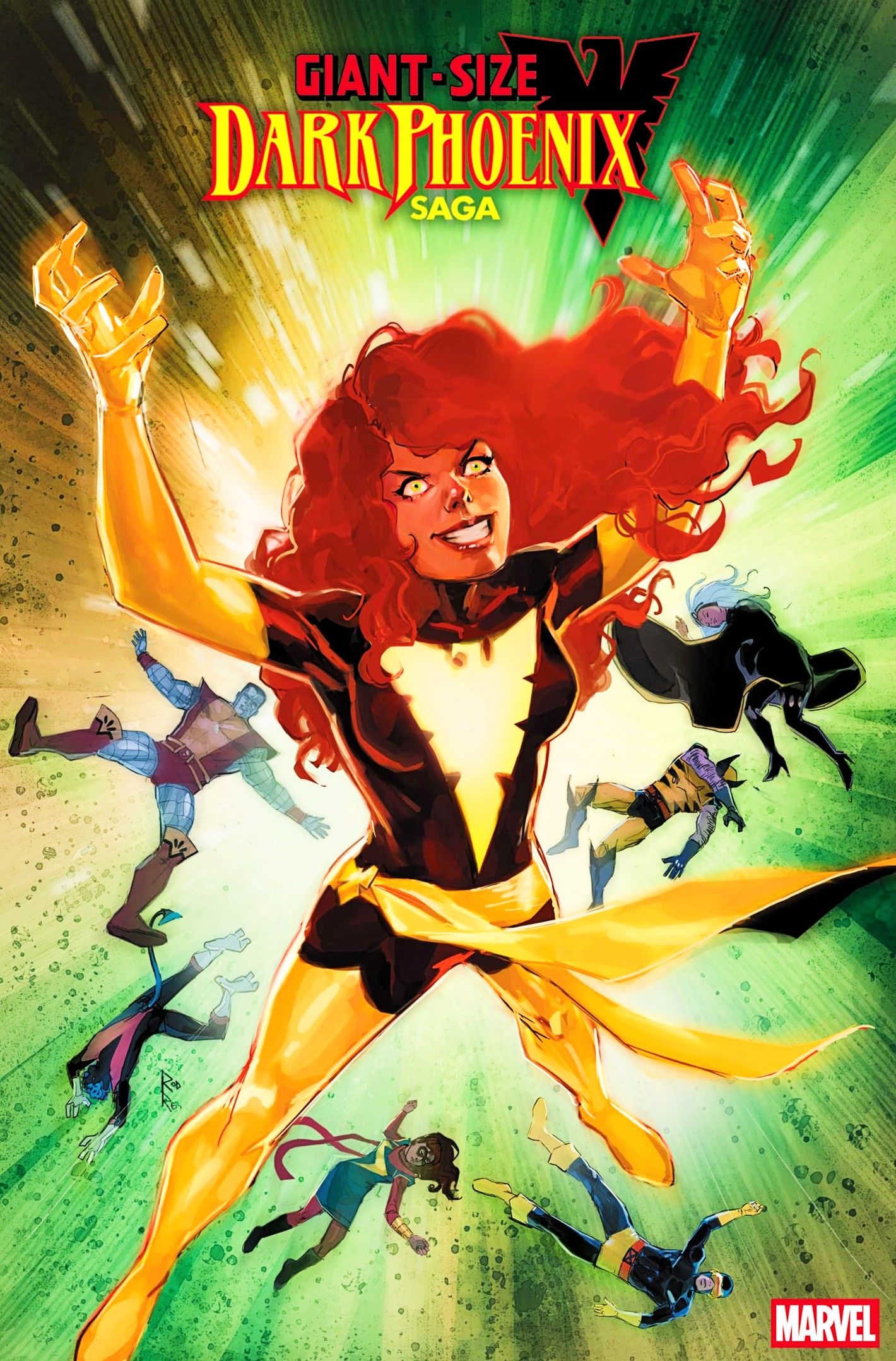 Giant Dized Dark Phoenix cover, Jean using her Phoenix powers to blast the X-Men into the distance