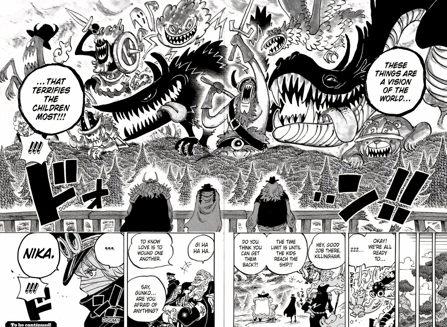 Giant monsters appearing from the forest
