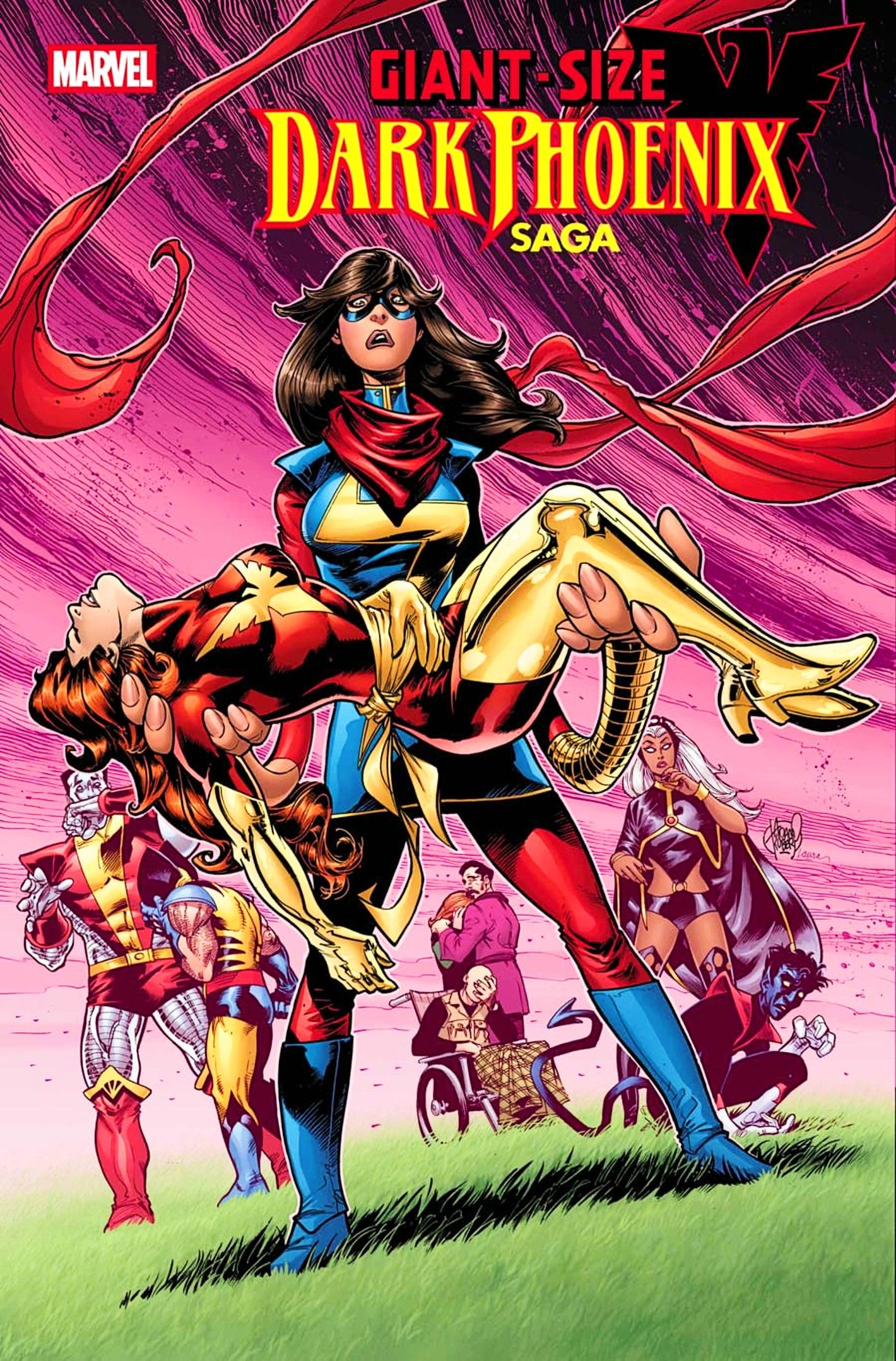 Giant Sized Dark Phoenix cover, Kamala Khan holding Jean Grey's lifeless body as the X-Men watch from a distance